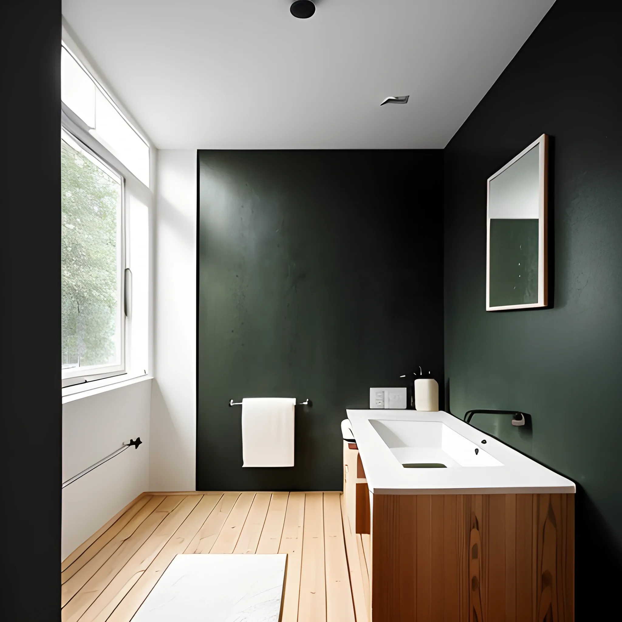 interior of a compact bathroom in an apartment building, shower, black wall, white floor, wood ceiling, czech design, swedish design, natural materials, minimalism, pine wood, earth colors, feng shui, rustic, white, beige, bright, plants, windows with a view of a green park, modernist, 8 k 