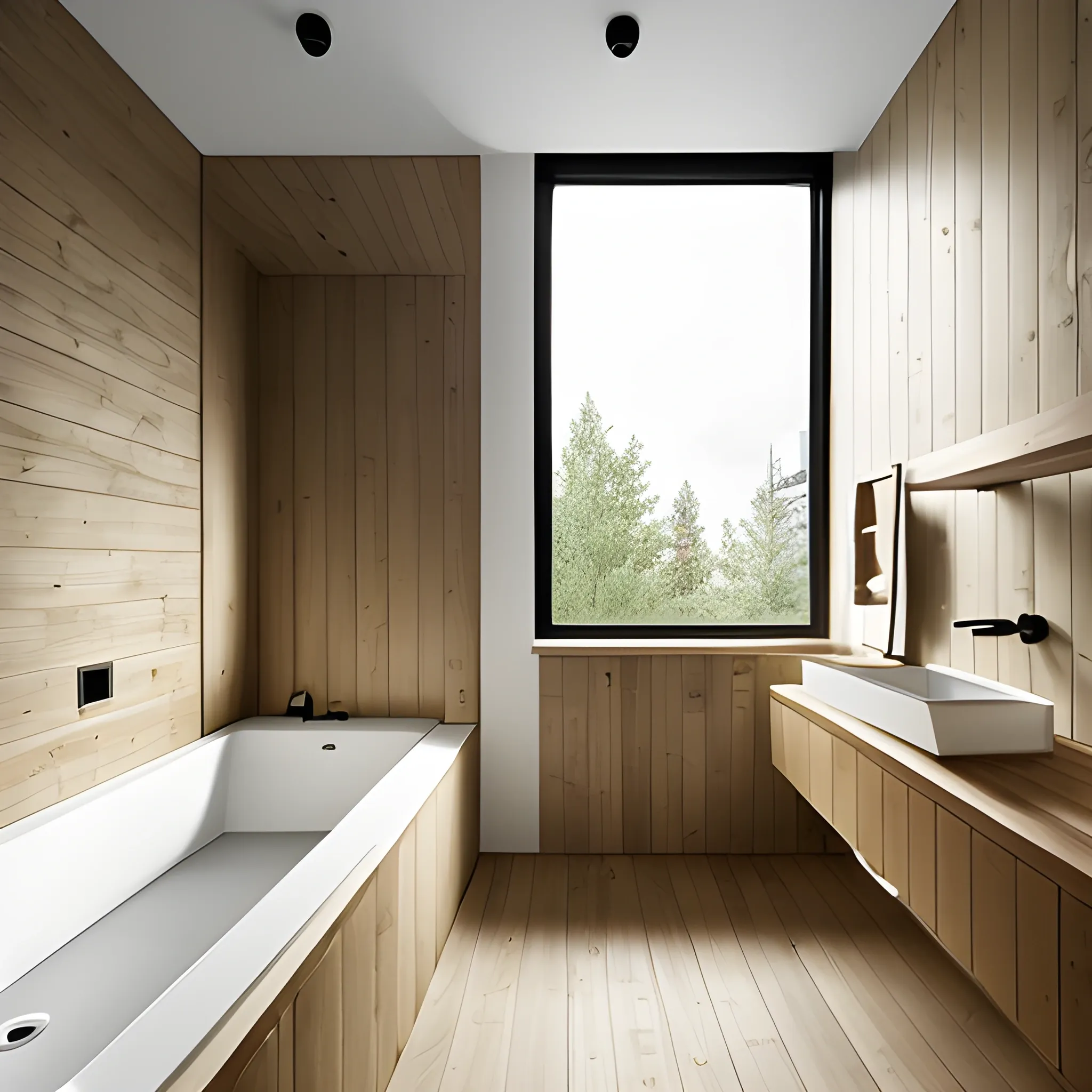 interior of a compact bathroom in an apartment building, shower, black wall, white floor, wood ceiling, czech design, swedish design, natural materials, minimalism, pine wood, earth colors, feng shui, rustic, white, beige, bright, plants, windows with a view of a green park, modernist, 8 k 