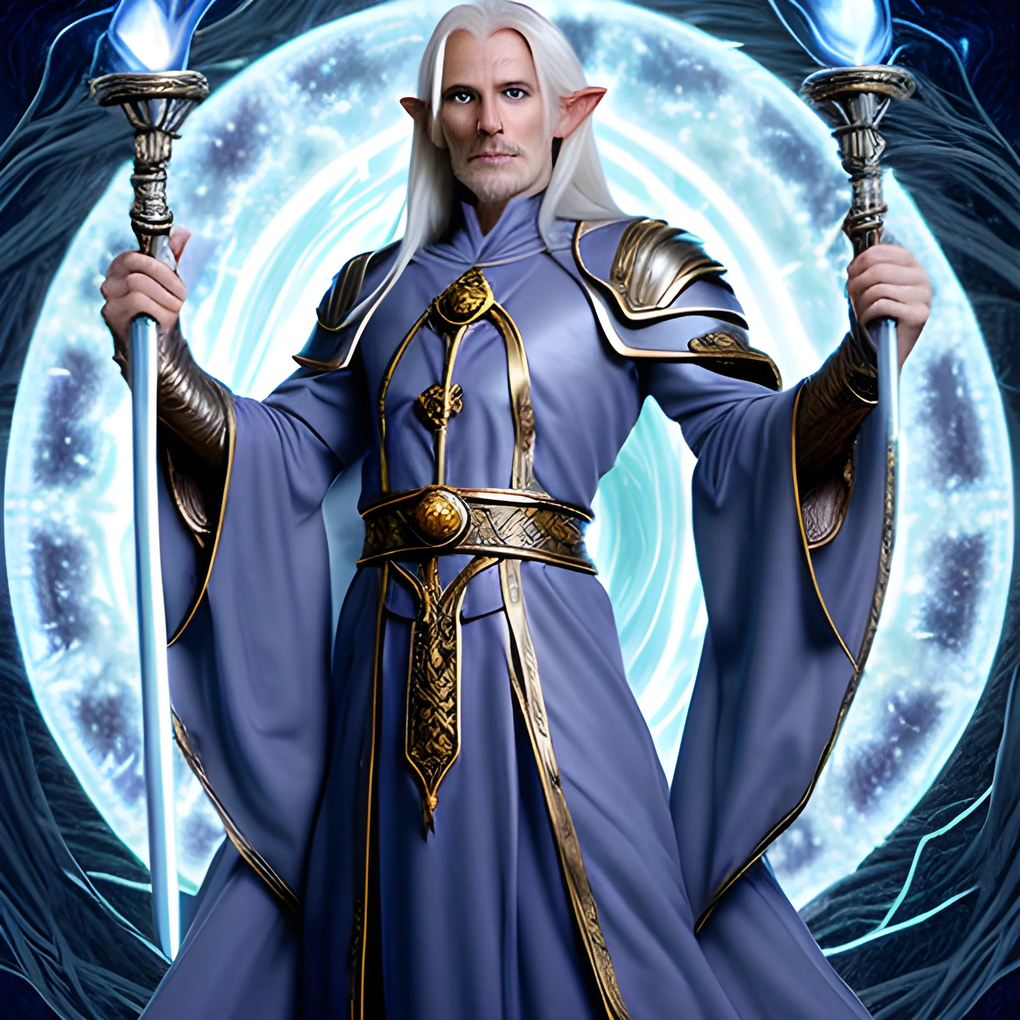 Lord Elric stands tall and regal, his elven lineage evident in every refined feature. His ageless face bears the grace and sharpness typical of the High-Elf race. His fair skin, smooth and unblemished, possesses a subtle ethereal glow, hinting at the depths of his magical prowess.

Eyes of vibrant sapphire gaze out from beneath gracefully arched eyebrows, shimmering with a combination of curiosity and deep knowledge. They seem to hold the wisdom of centuries, reflecting the vast reservoirs of arcane understanding that Lord Elric possesses.

Silvery-white hair cascades down his back, flowing like a shimmering waterfall. It is meticulously maintained, with not a strand out of place, representing both his meticulous nature and the pride he takes in his appearance. The hair seems to catch the light, casting a faint glow that adds to his ethereal aura.

Lord Elric's attire is a testament to his status and magical prowess. He adorns himself in flowing robes of deep cobalt blue, adorned with intricate silver embroidery that depicts ancient arcane symbols and magical sigils. The robes seem to ripple with subtle energy, hinting at the magical power contained within them.

A staff, carved from a gnarled and enchanted branch of an ancient oak, rests in his hand. The staff emanates a faint, pulsating aura, resonating with the very essence of magic. It serves both as a symbol of Lord Elric's authority and as a conduit for his spells.

Lord Elric Brightwood's overall appearance combines the elegance and timeless beauty of the High-Elf race with the aura of arcane knowledge and power that comes with his mastery of wizardry. His presence commands respect, embodying the archetype of a wise and formidable spellcaster.