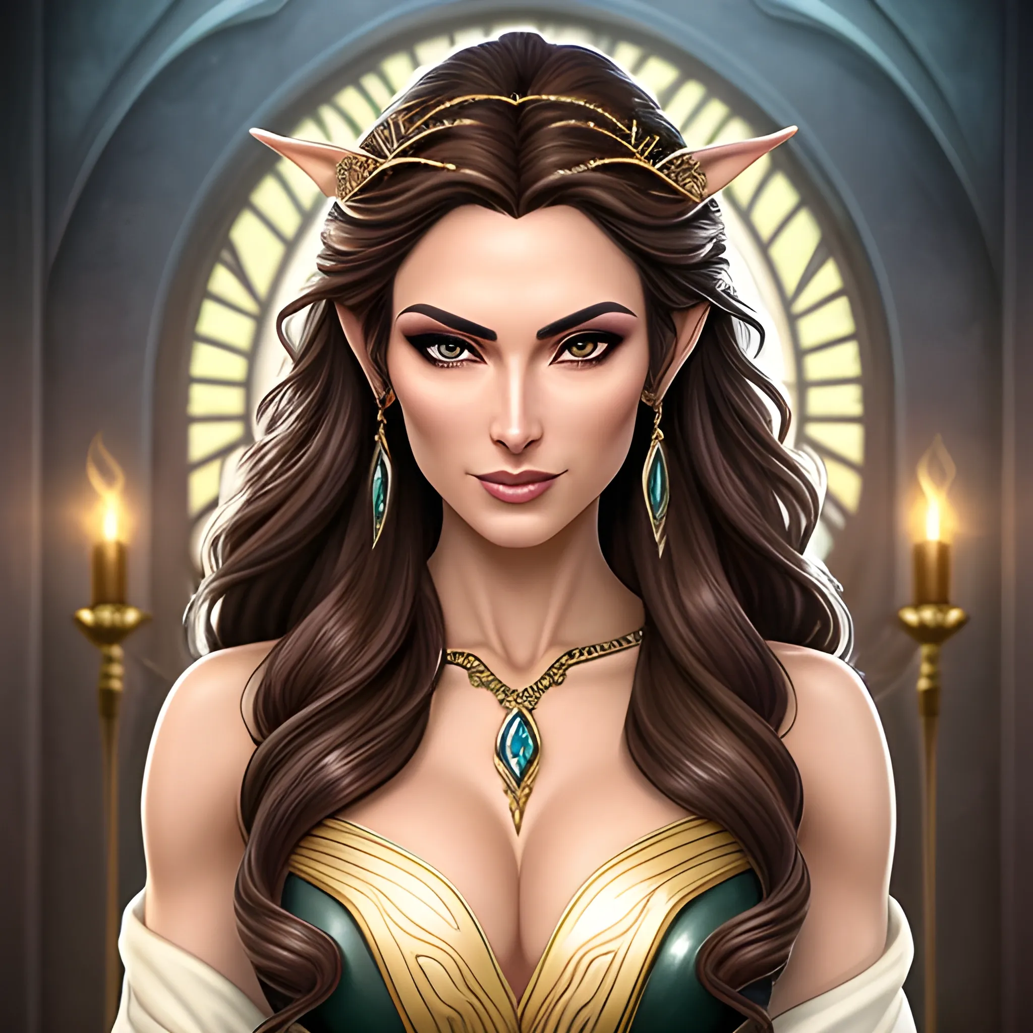 Amara Brightwood, the daughter of Lord Elric Brightwood and the late Isabella, is a young woman who embodies a unique blend of her parents' characteristics and talents. Here is a description of Amara's appearance and age:

Amara stands at the cusp of adulthood, having recently reached the age of eighteen. Her presence carries a sense of quiet determination and curiosity. Her youthful energy is tempered by the wisdom she has gained through her family's experiences and the challenges she has faced.

With flowing, chestnut-brown hair that falls in loose waves around her shoulders, Amara bears a striking resemblance to her late mother. The rich hues of her hair catch the light, adding depth and dimension to her appearance. Her hair is often adorned with delicate, nature-inspired accessories, reflecting her connection to her elven heritage.

Amara's features possess a captivating grace and symmetry. Her eyes, a mesmerizing shade of hazel, seem to mirror her mother's gaze. They hold a sparkle of both intellect and kindness, revealing her sharp intellect and compassionate nature. Her slender nose and softly curved lips add to her overall appeal, conveying a sense of warmth and approachability.

While Amara's age places her on the threshold of adulthood, she retains a youthful vitality and enthusiasm for life. Her form exhibits the graceful yet lean build of her elven heritage, with an underlying strength that hints at the inner resilience she has inherited from her family.

She typically dresses in attire that combines elements of elven elegance and practicality. Flowing robes in earthy tones and accented with subtle elven motifs reflect her connection to nature and her magical lineage. Her choice of accessories often includes delicate silver jewelry, symbolic of her noble heritage.

Amara's age marks a pivotal moment in her life as she navigates the legacy of her family and the challenges she must face. She embodies the potential for growth and transformation, carrying within her the spark of her parents' love and the potential to shape her own destiny in the world of magic and adventure.