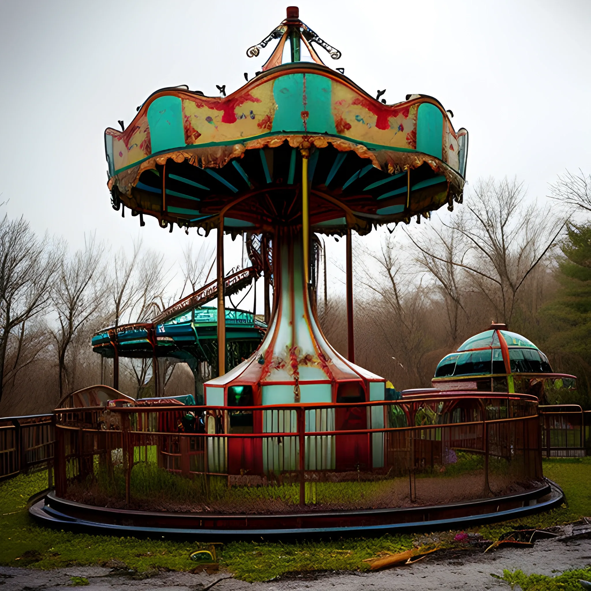 An abandoned amusement park reclaimed by nature, with rusted roller coasters and a carousel frozen in time. blurry