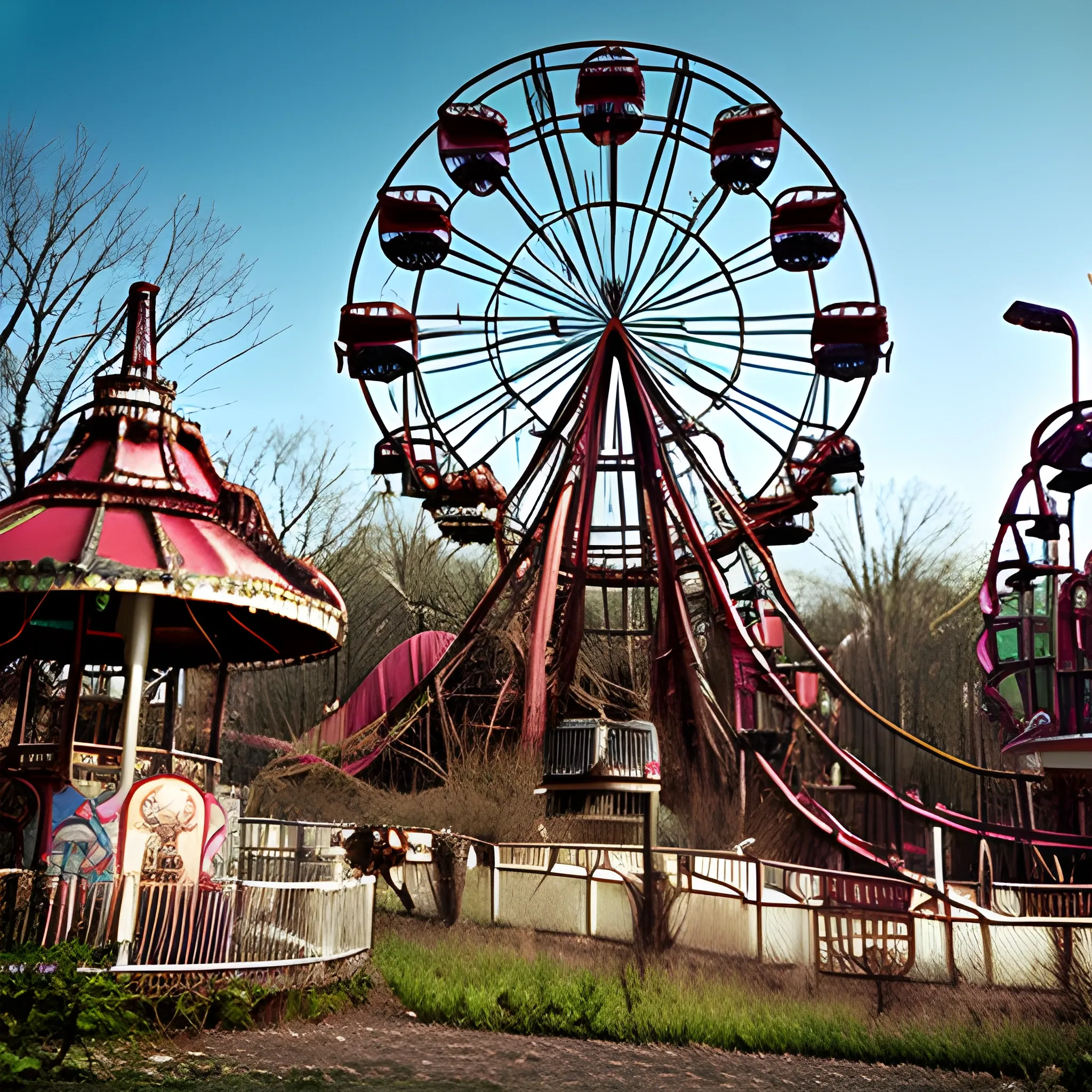 An abandoned amusement park reclaimed by nature, with rusted roller coasters and a carousel frozen in time. blurry