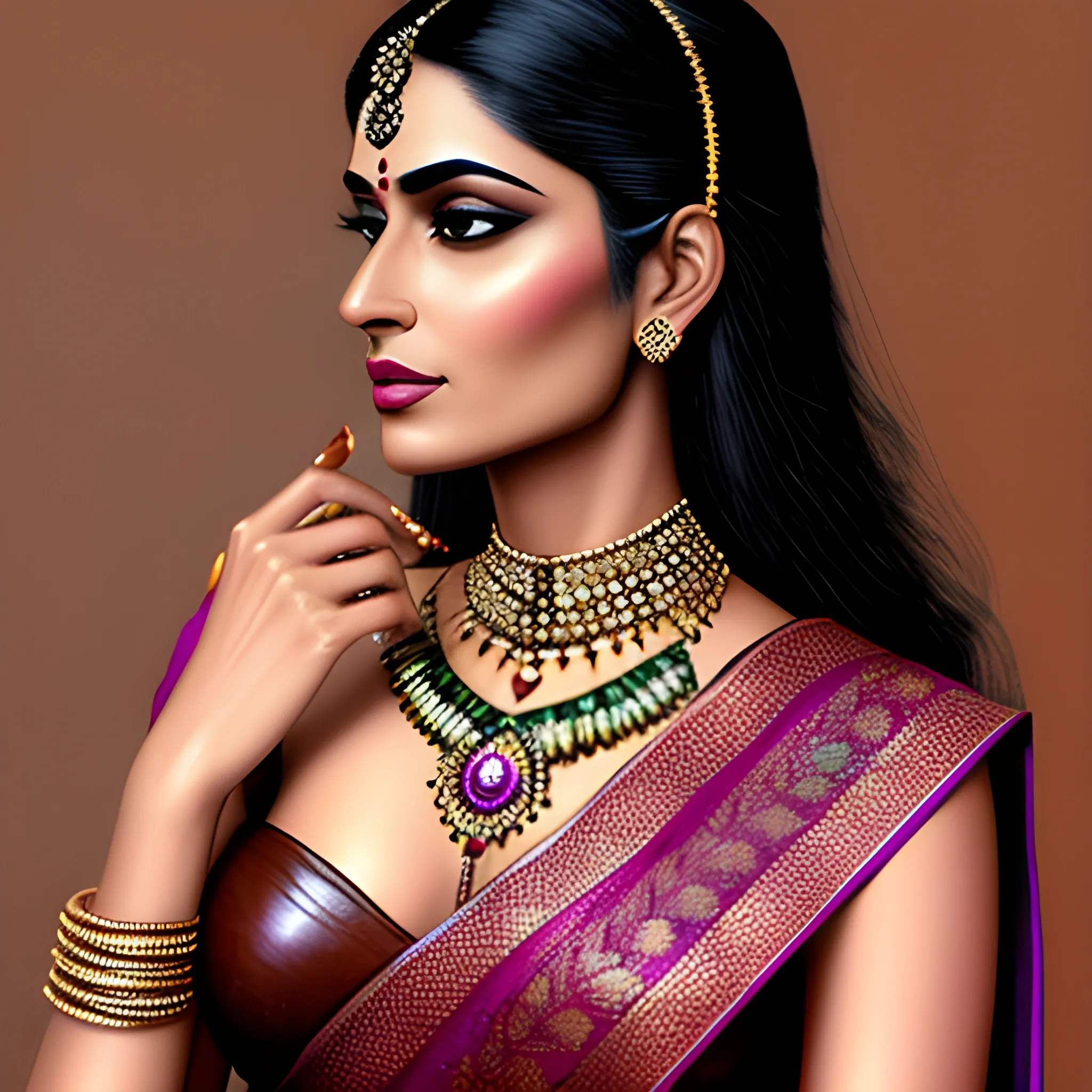 realistic photo of a beautiful young Indian woman in a sari::textured leather::<by Tillie Walden> ::
over-detailed::hyper-realistic::
4K Quality::style-500:::clear focus:: masterpiece ::background village::5 fingers on the hand, Oil Painting