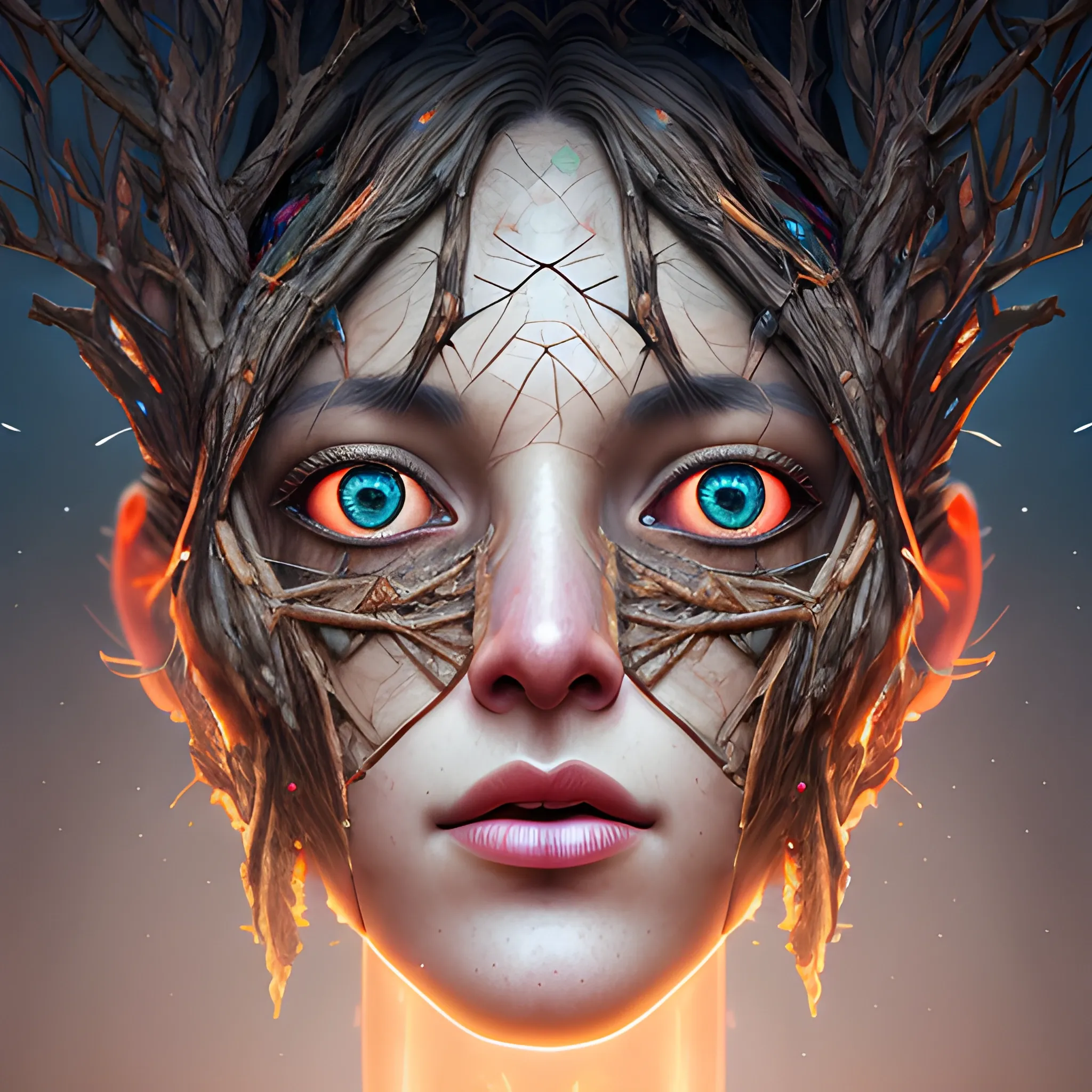 women face made from tree twigs, optical illusion, Diorama, Colorful, volumetric Lights, volumetric clouds, Digital Painting, Digital Illustration, Extreme Detail, Digital Art, 4k, Ultra Hd, Fantasy Art, Hyper Detailed, Hyperrealism, Elaborate, Vray, Unreal