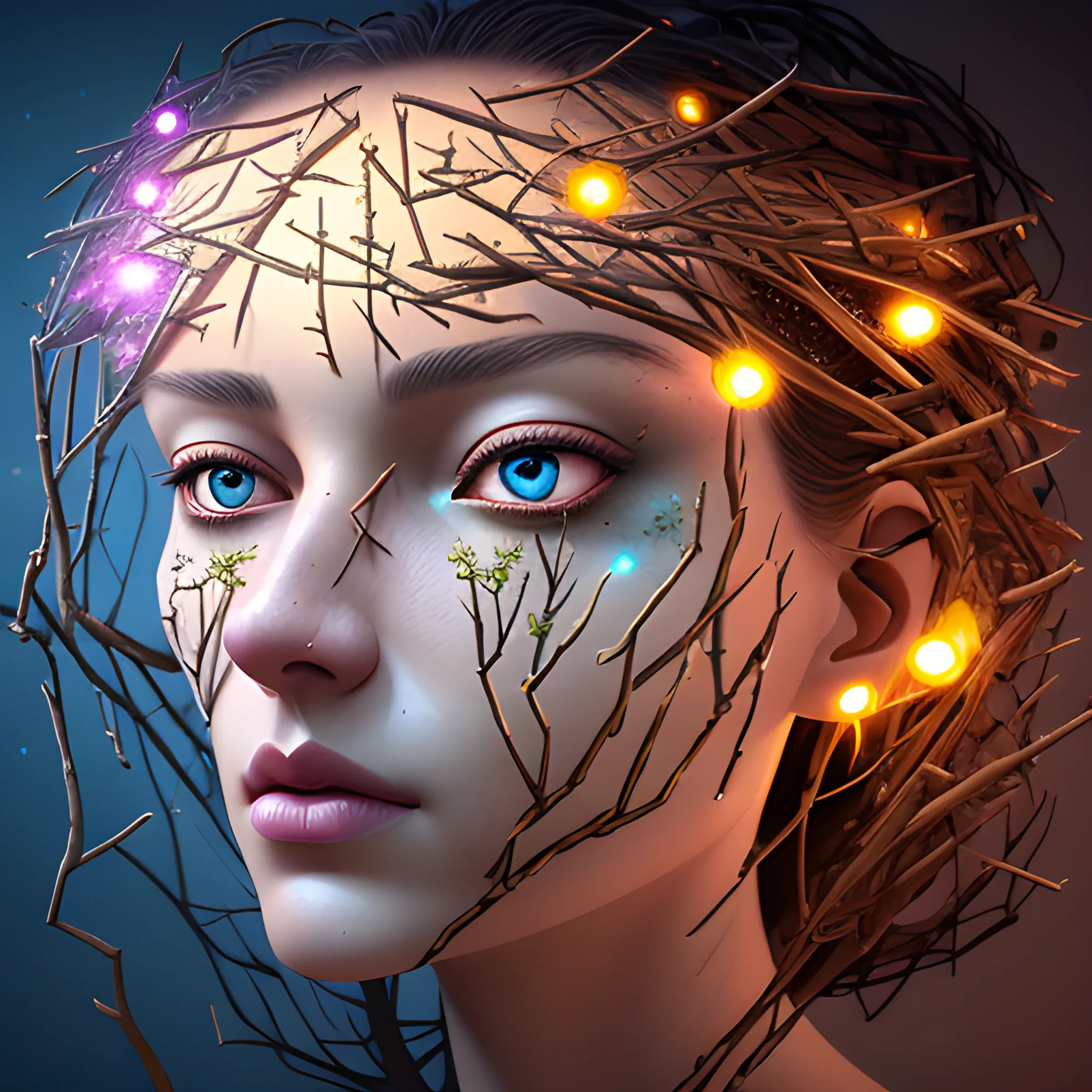 women face made from tree twigs, optical illusion, Diorama, Colorful, volumetric Lights, volumetric clouds, Digital Painting, Digital Illustration, Extreme Detail, Digital Art, 4k, Ultra Hd, Fantasy Art, Hyper Detailed, Hyperrealism, Elaborate, Vray, Unreal