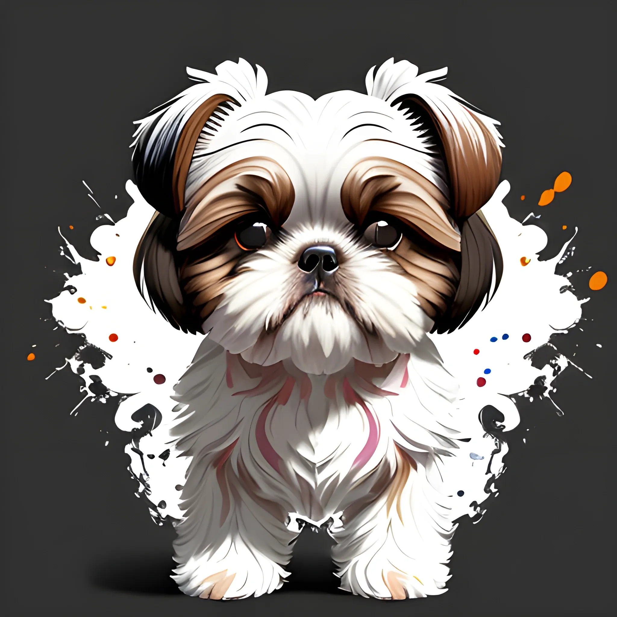 (shih tzu) puppy with brown ears, T-shirt design, clean design, epic Instagram, artstation, splash of colorful paint, contour, ((white background)), hyperdetailed intricately detailed, unreal engine, fantastical, intricate detail, splash screen, complementary colors, fantasy concept art, 8k resolution, deviantart masterpiece, oil painting, heavy strokes, paint dripping