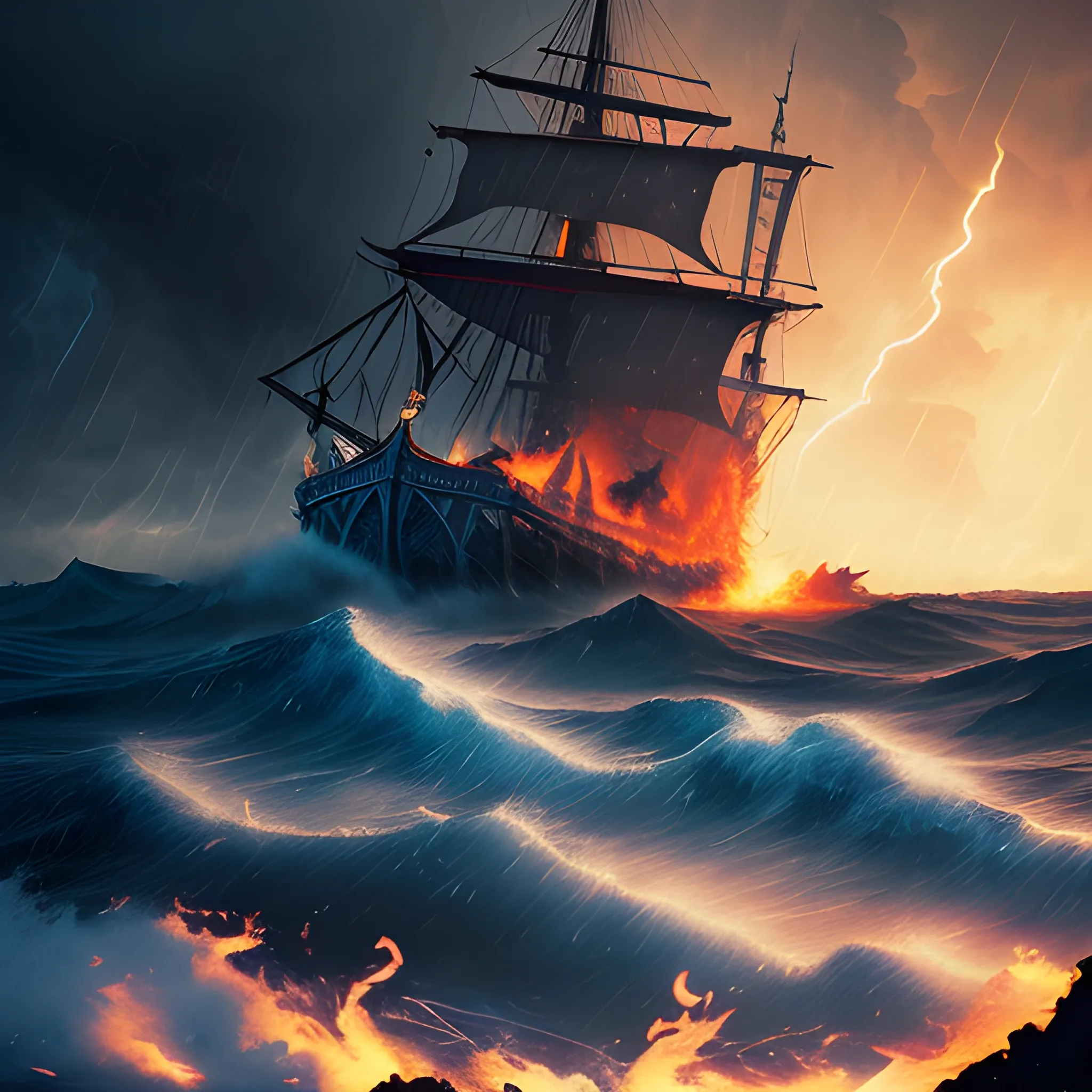 dreamlike, (close-up burning galleon in the foreground), 8k, night, rain, storm, wind, rough seas, (rogue wave), tsunami, cumulonimbus, thunderclouds in the background, burning sea, debris floats in the water,, dark shot, color splash style, intricate details, by greg rutkowski,