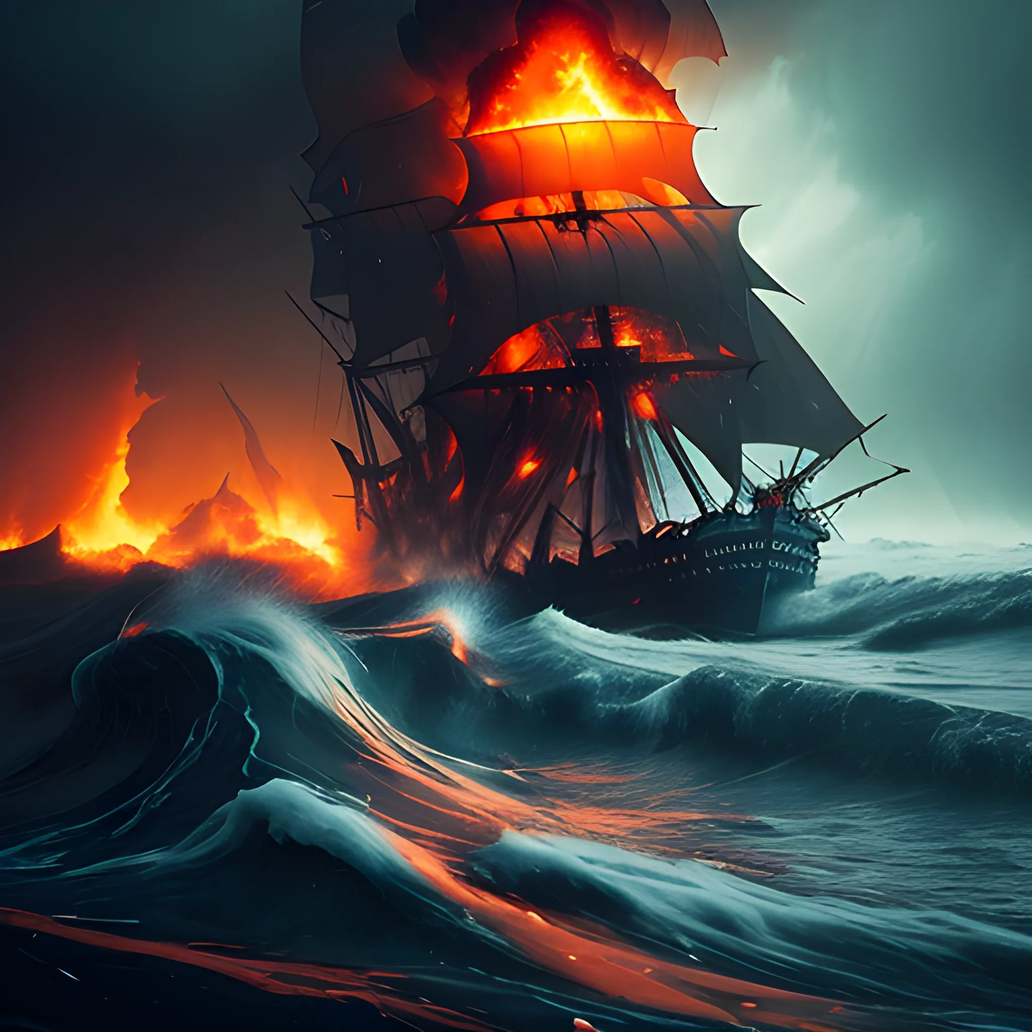 dreamlike, (close-up burning galleon in the foreground), 8k, night, rain, storm, wind, rough seas, (rogue wave), tsunami, cumulonimbus, thunderclouds in the background, burning sea, debris floats in the water,, dark shot, color splash style, intricate details, by greg rutkowski,