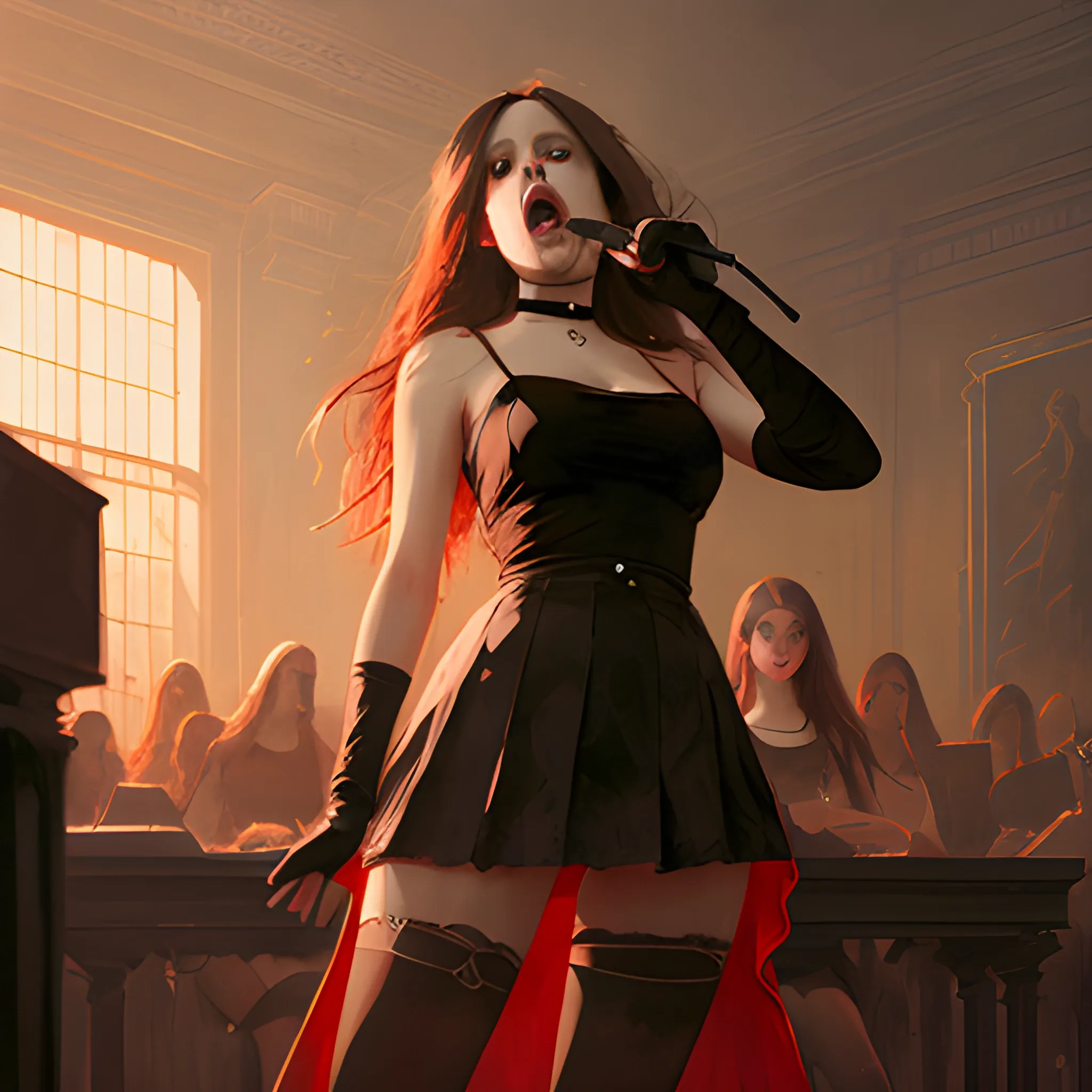 classical female musicians, full figure, miniskirt, black stockings, choker, long hair, classy,  realistic face,  open mouth, singing, Greg Rutkowski art, warm colors, red stage illumination