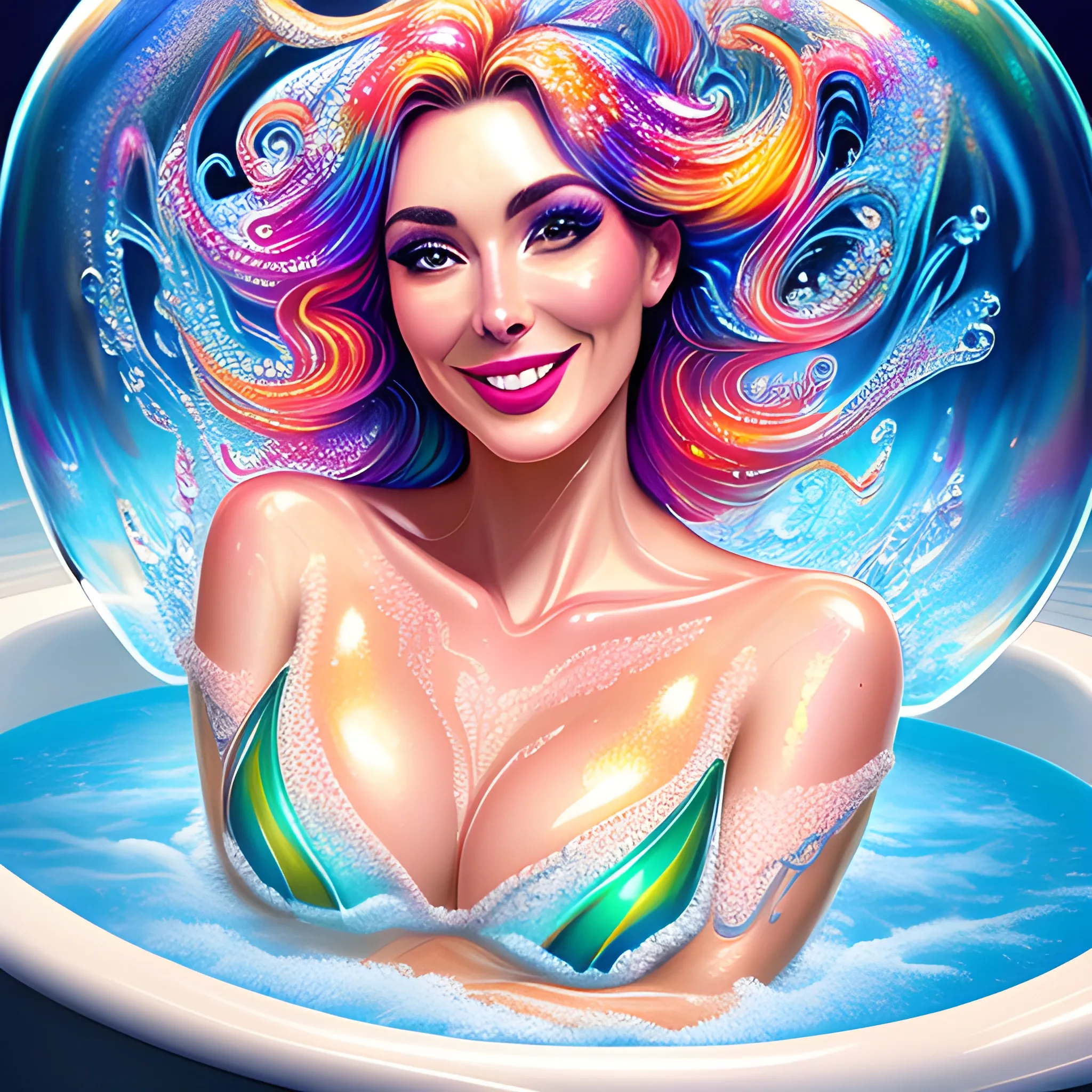 a young cheerful lady submerged in a bubble bath, close up portrait, intricate details, splash of light and color, taking a bubble bath, lots of bubbles reflecting colors, vivid colors, high detail, digital painting