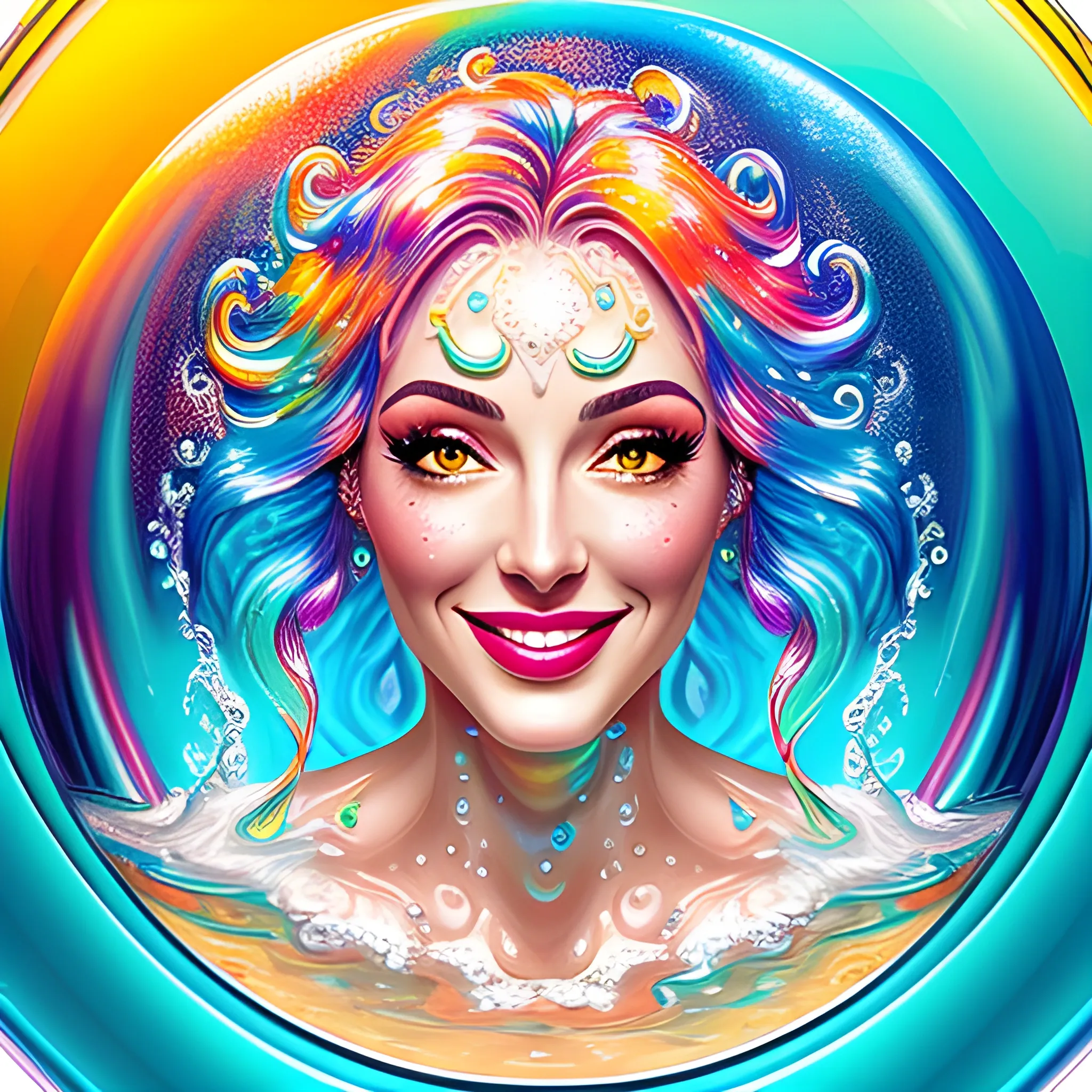 a young cheerful lady submerged in a bubble bath, close up portrait, intricate details, splash of light and color, taking a bubble bath, lots of bubbles reflecting colors, vivid colors, high detail, digital painting