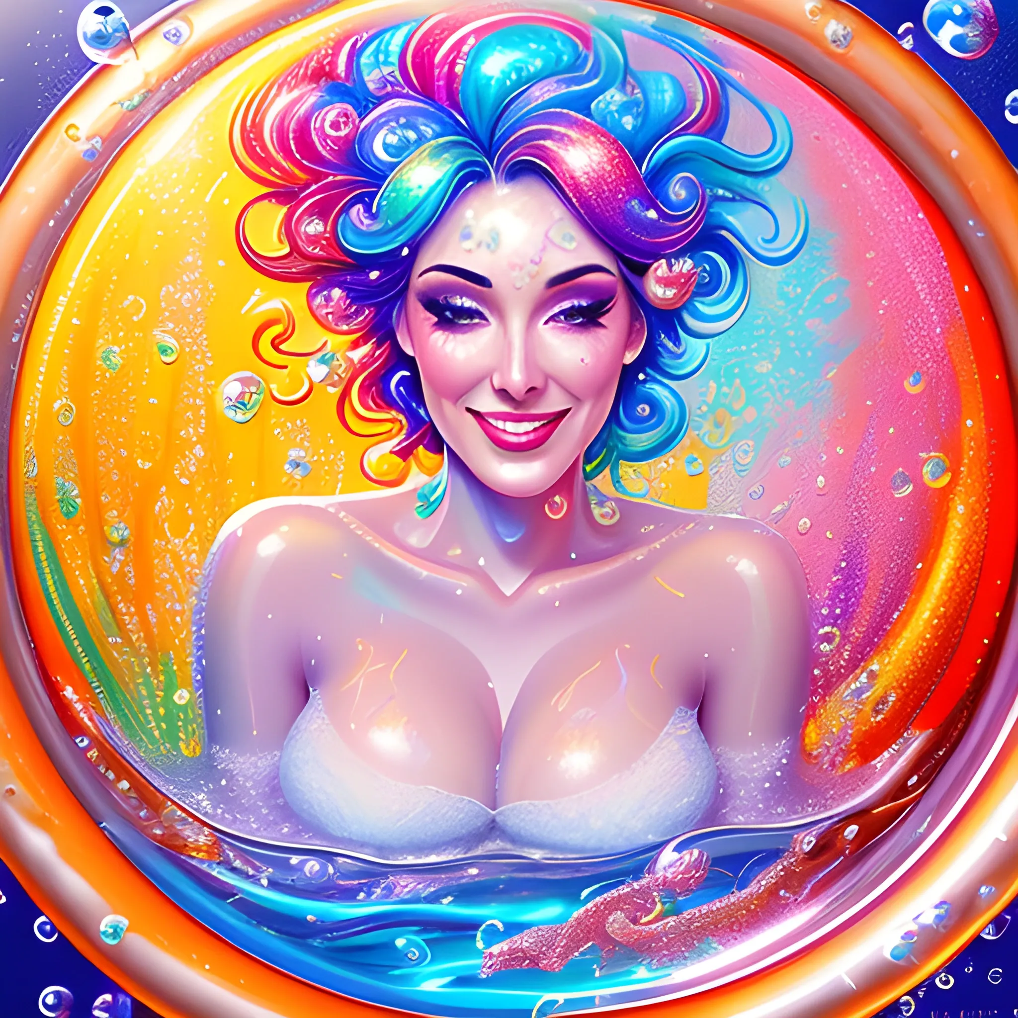 a (((young))) cheerful lady submerged in a bubble bath, close up portrait, intricate details, splash of light and color, taking a bubble bath, lots of bubbles reflecting colors, vivid colors, high detail, digital painting