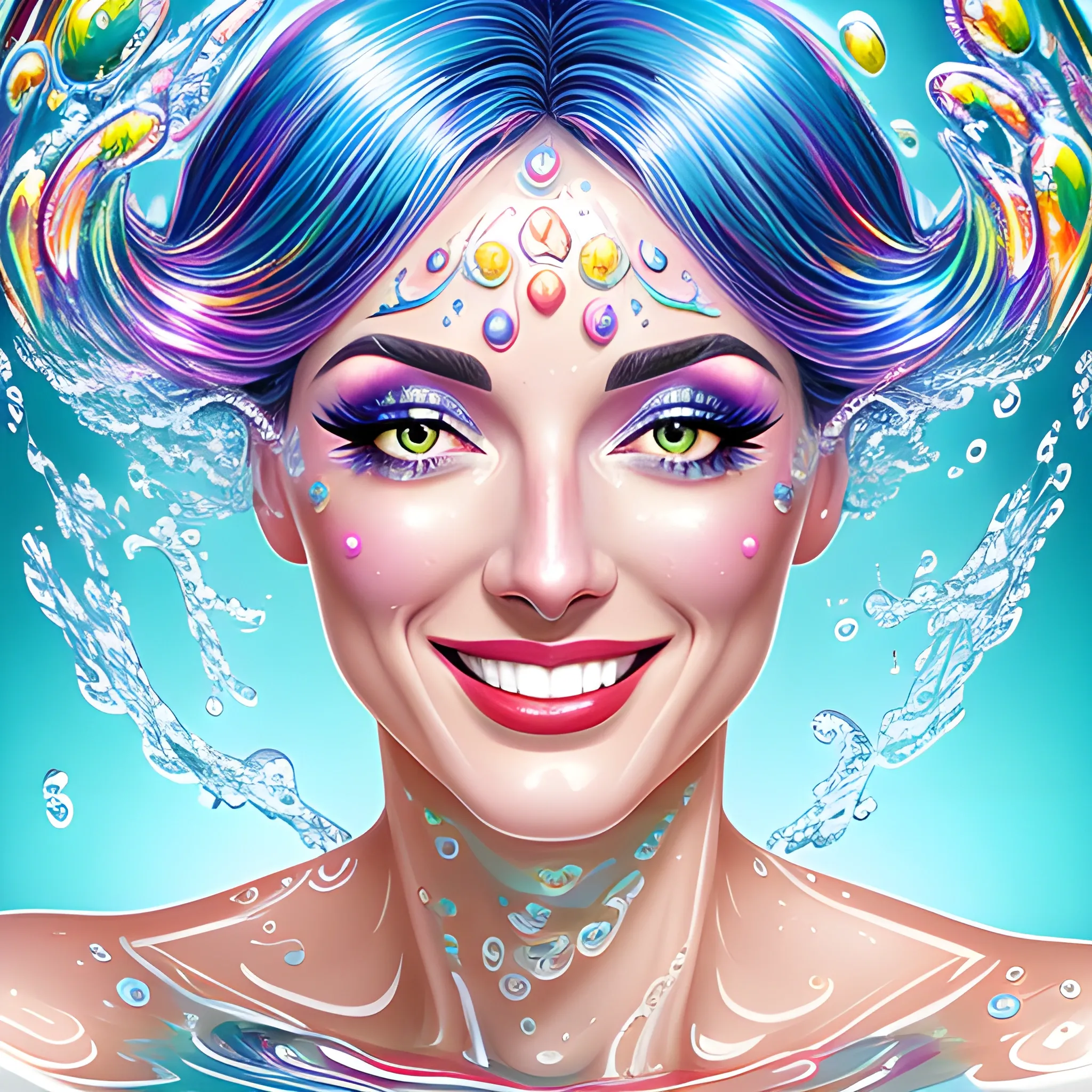 a (((young))) cheerful lady submerged in a bubble bath, close up portrait, intricate details, splash of light and color, taking a bubble bath, lots of bubbles reflecting colors, vivid colors, high detail, digital painting