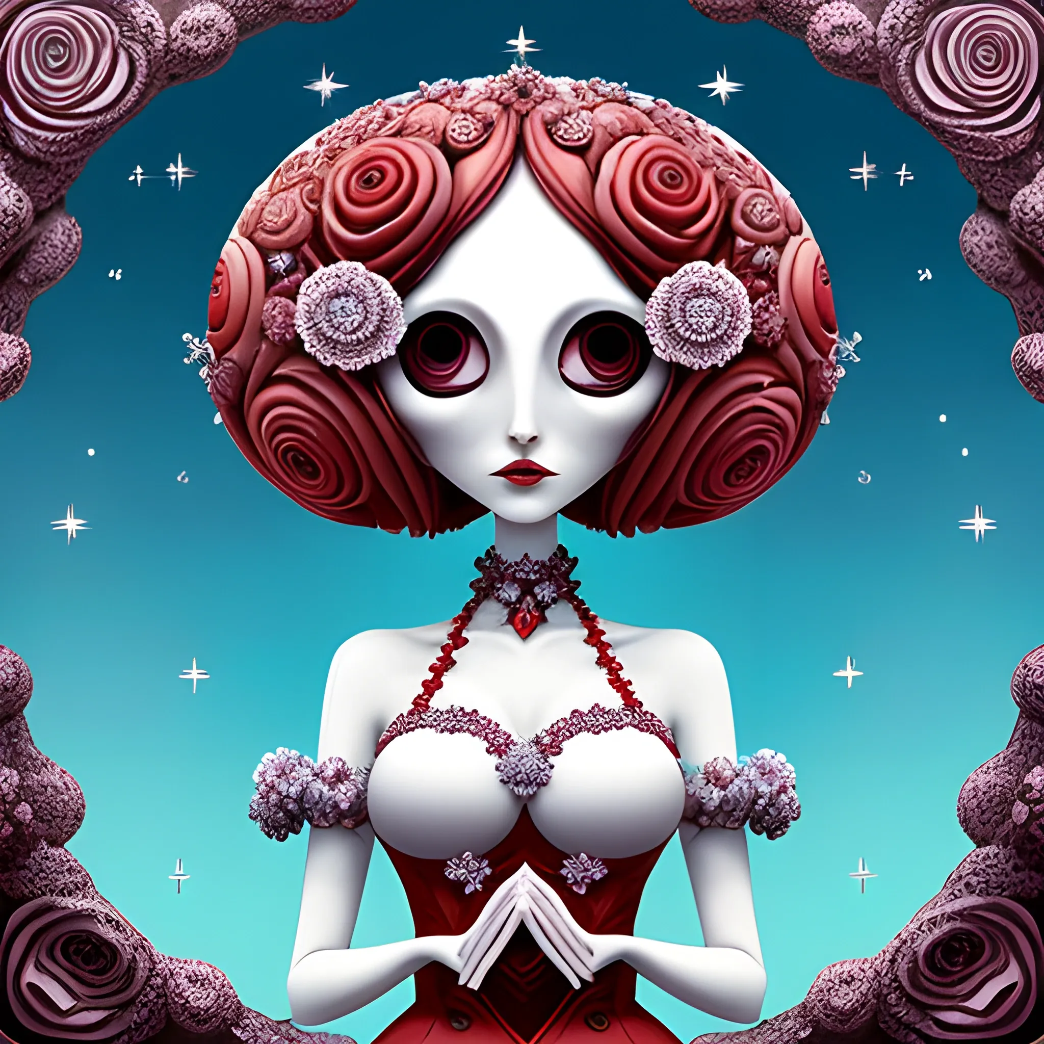 a girl in a white dress with flowers around her eyes and stars, in the style of naoto hattori, light azure and red, bubble goth, soft and dreamy depictions, valentine hugo, detailed skies, juxtaposition of hard and soft lines