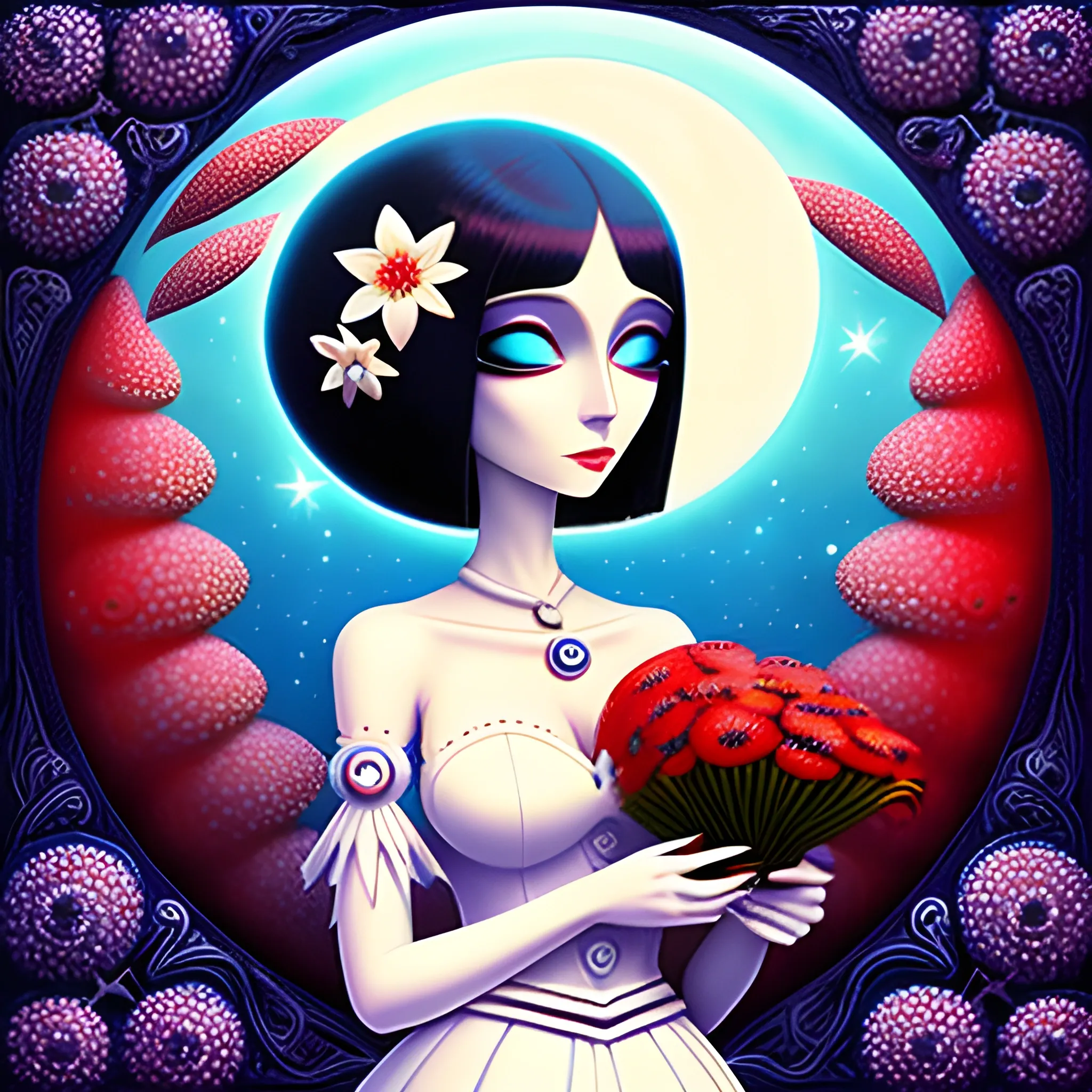 a girl in a white dress with flowers around her eyes and stars, in the style of naoto hattori, light azure and red, bubble goth, soft and dreamy depictions, valentine hugo, detailed skies, juxtaposition of hard and soft lines