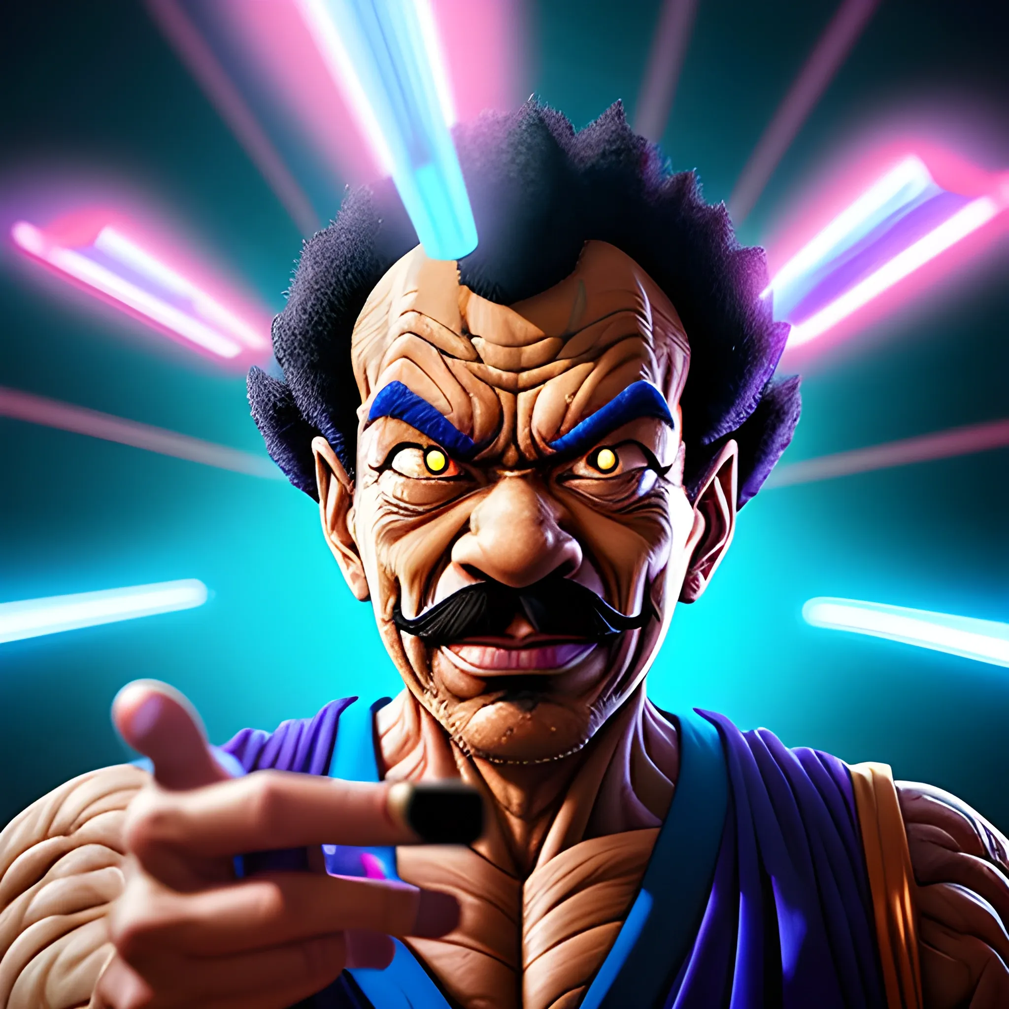 a high detail portrait of Mr. SATAN OF DRagon ball z taking a selfie highly detailed, art by , vfx. closeup, harsh neon light, arnold maya render, fantasy illustration, interior lighting, biopunk futuristic wardrobe, pupils visible, painted metal