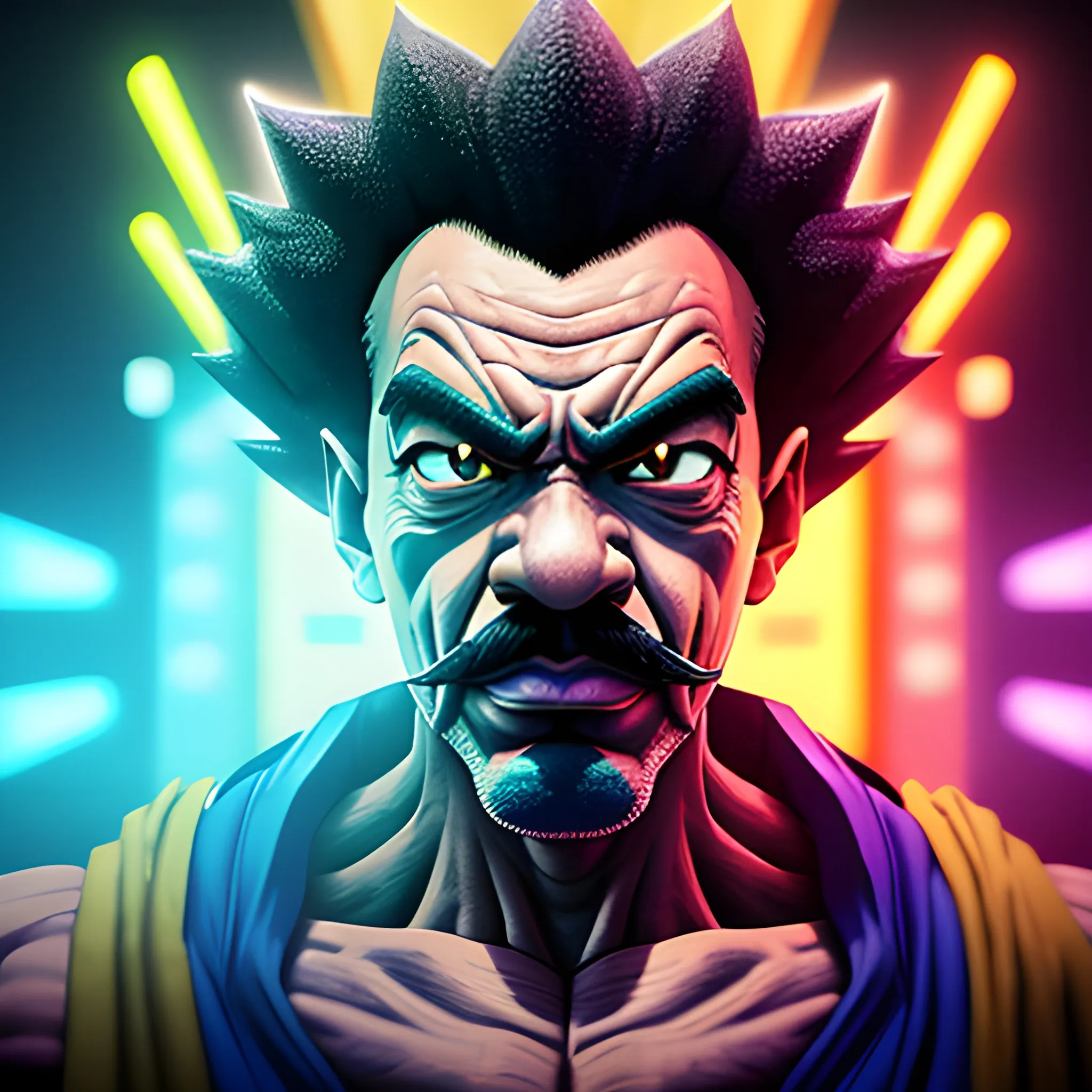 a high detail portrait of Mr. SATAN OF DRagon ball z taking a selfie highly detailed, art by , vfx. closeup, harsh neon light, arnold maya render, fantasy illustration, interior lighting, biopunk futuristic wardrobe, pupils visible, painted metal