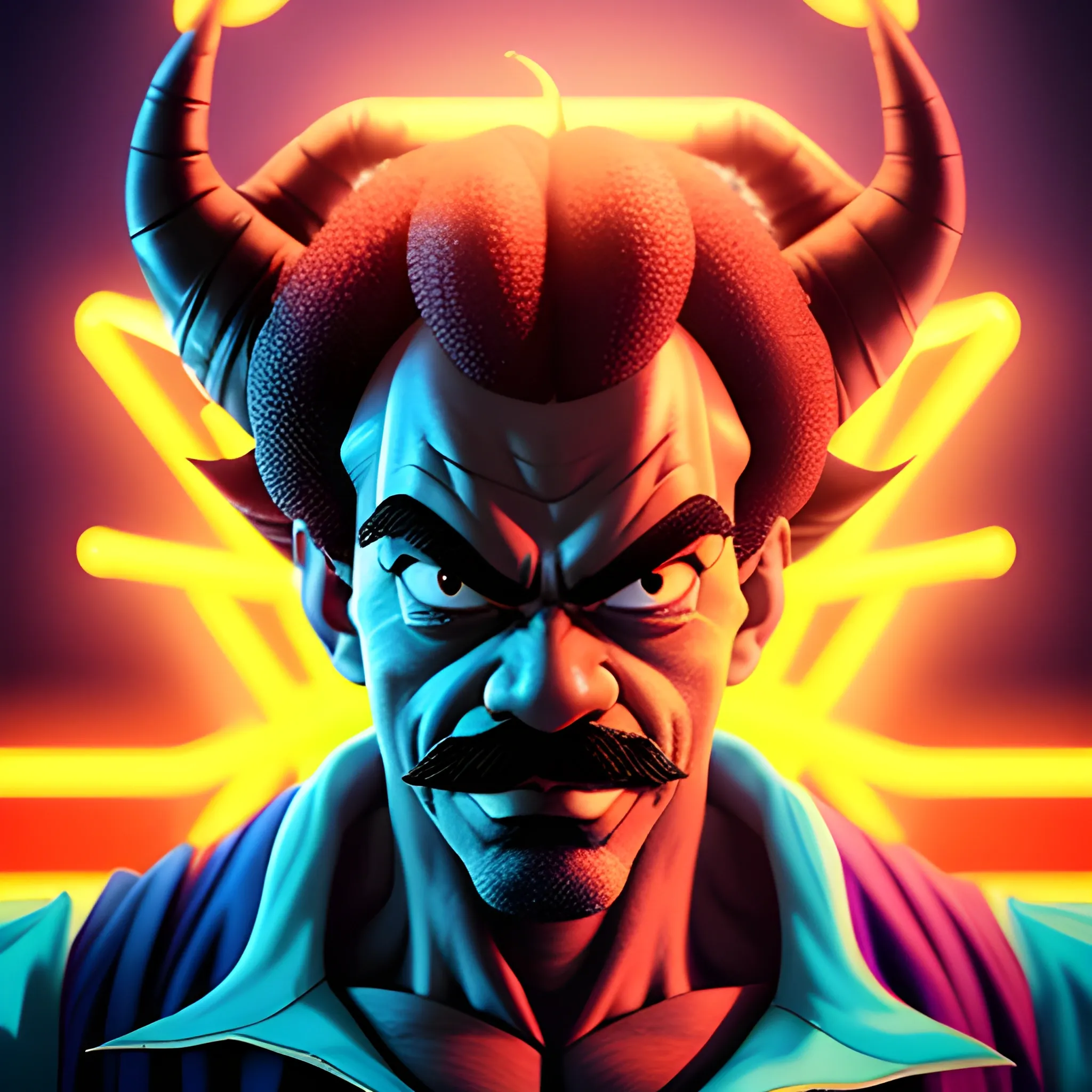 a high detail portrait of Hercule Satan aka Mr. SATAN OF series Dragon ball z taking a selfie highly detailed, art by , vfx. closeup, harsh neon light, arnold maya render, fantasy illustration, interior lighting, biopunk futuristic wardrobe, pupils visible, painted metal