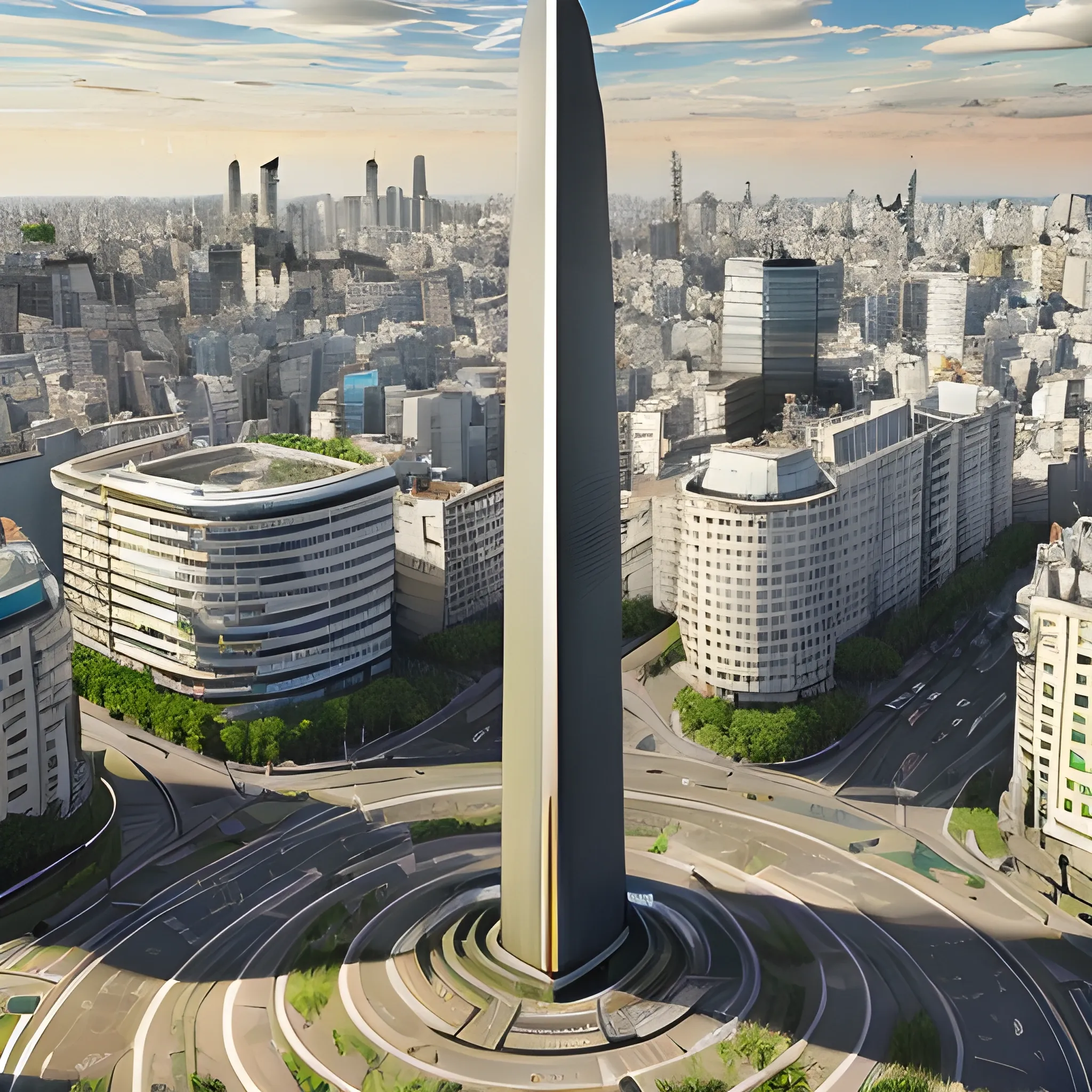 Buenos aires city with  obelisco, highly detailed articifial futuristic sun, solarpunk, sustainable energy machine, advanced technology, bright blue clouds, landscape of lush green cityscape, nature, optimistic, environmental harmony, urban, ecological, vision, innovation, photo realistic 3d render, high resolution, panoramic, insane details, golden hour, cinematic