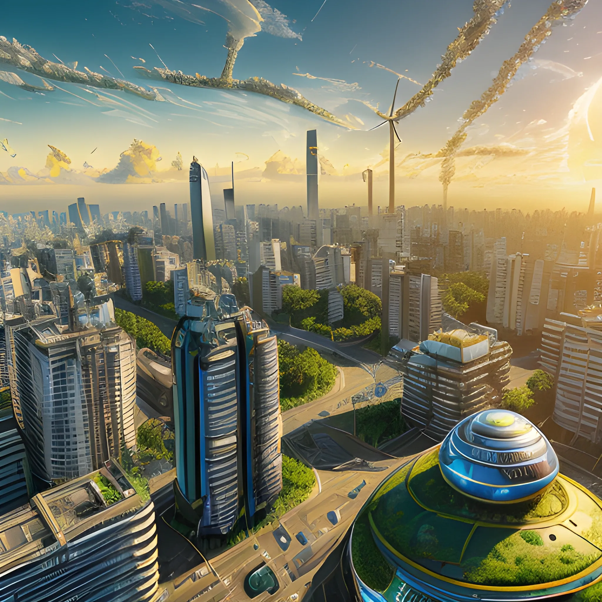 Buenos aires city, highly detailed articifial futuristic sun, solarpunk, sustainable energy machine, advanced technology, bright blue clouds, landscape of lush green cityscape, nature, optimistic, environmental harmony, urban, ecological, vision, innovation, photo realistic 3d render, high resolution, panoramic, insane details, golden hour, cinematic