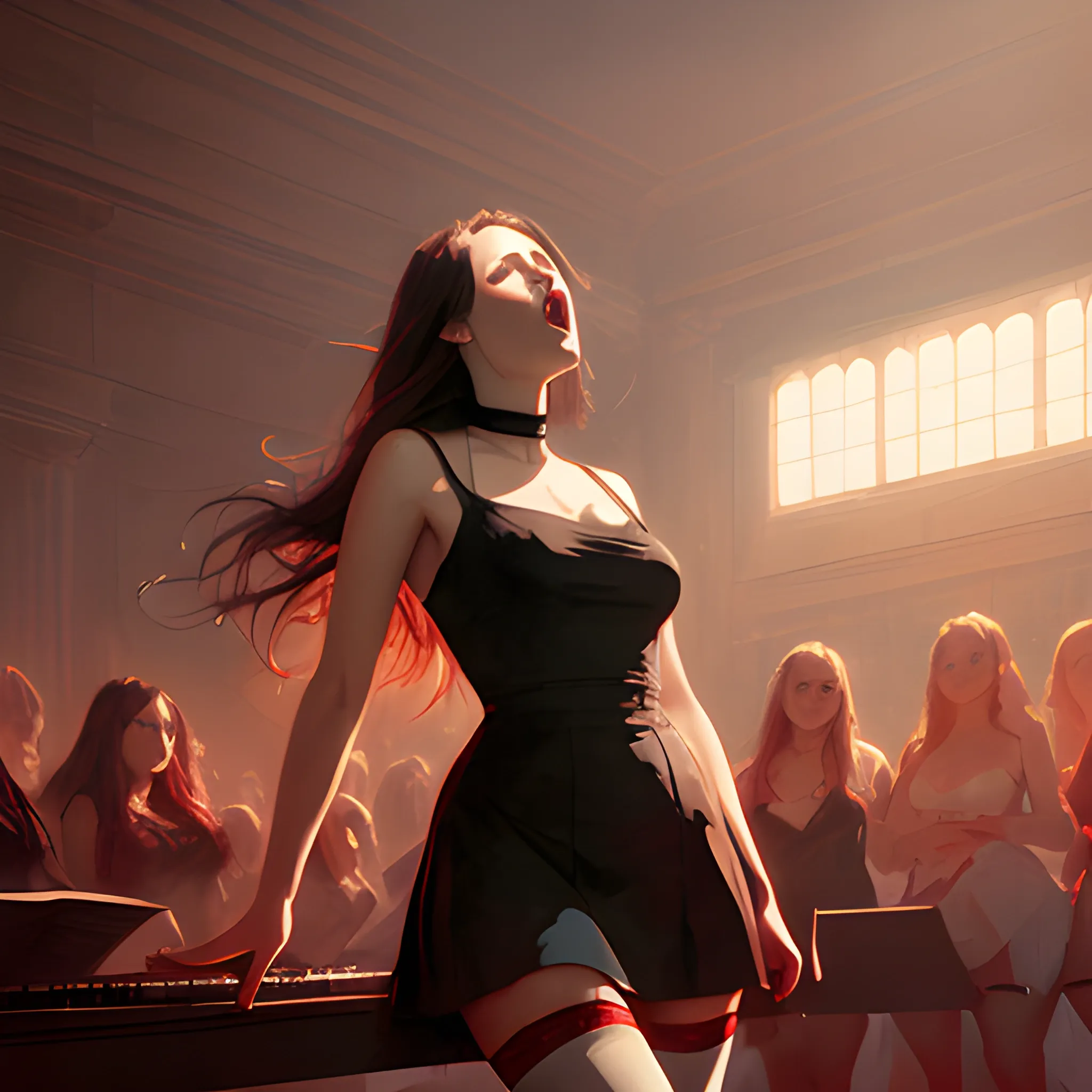 classical female musicians, full figure, miniskirt, black stockings, choker, long hair, classy,  realistic face,  open mouth, singing, Greg Rutkowski art, warm colors, red stage illumination