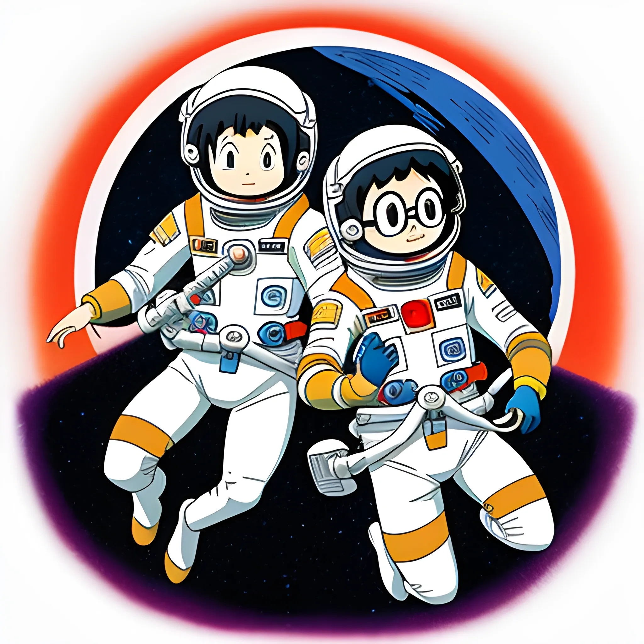 2 astronauts floating in space with in the style of Hayao Miyazaki, Osamu Tezuka
