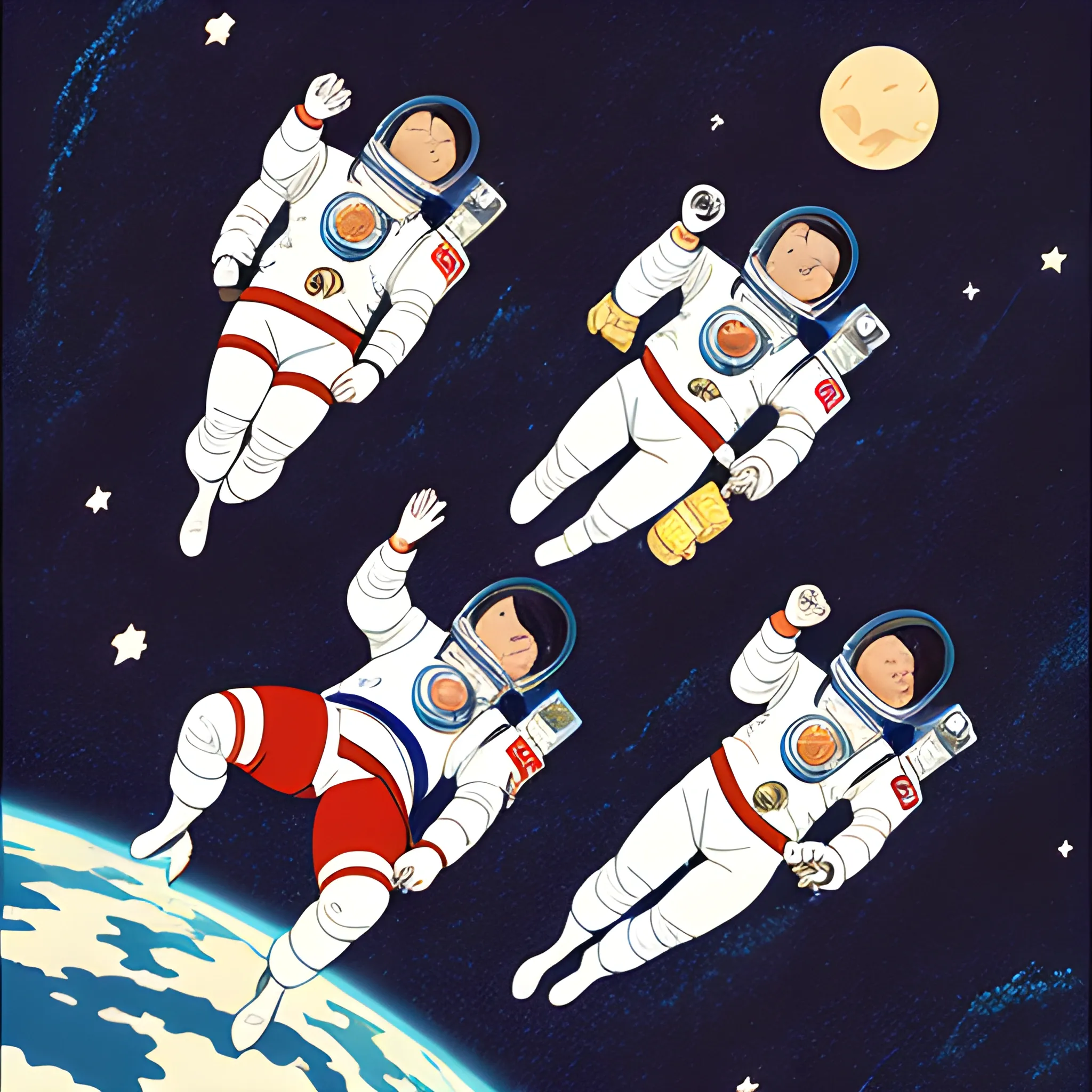 2 astronauts floating in space with in the style of Hayao Miyazaki, Osamu Tezuka
