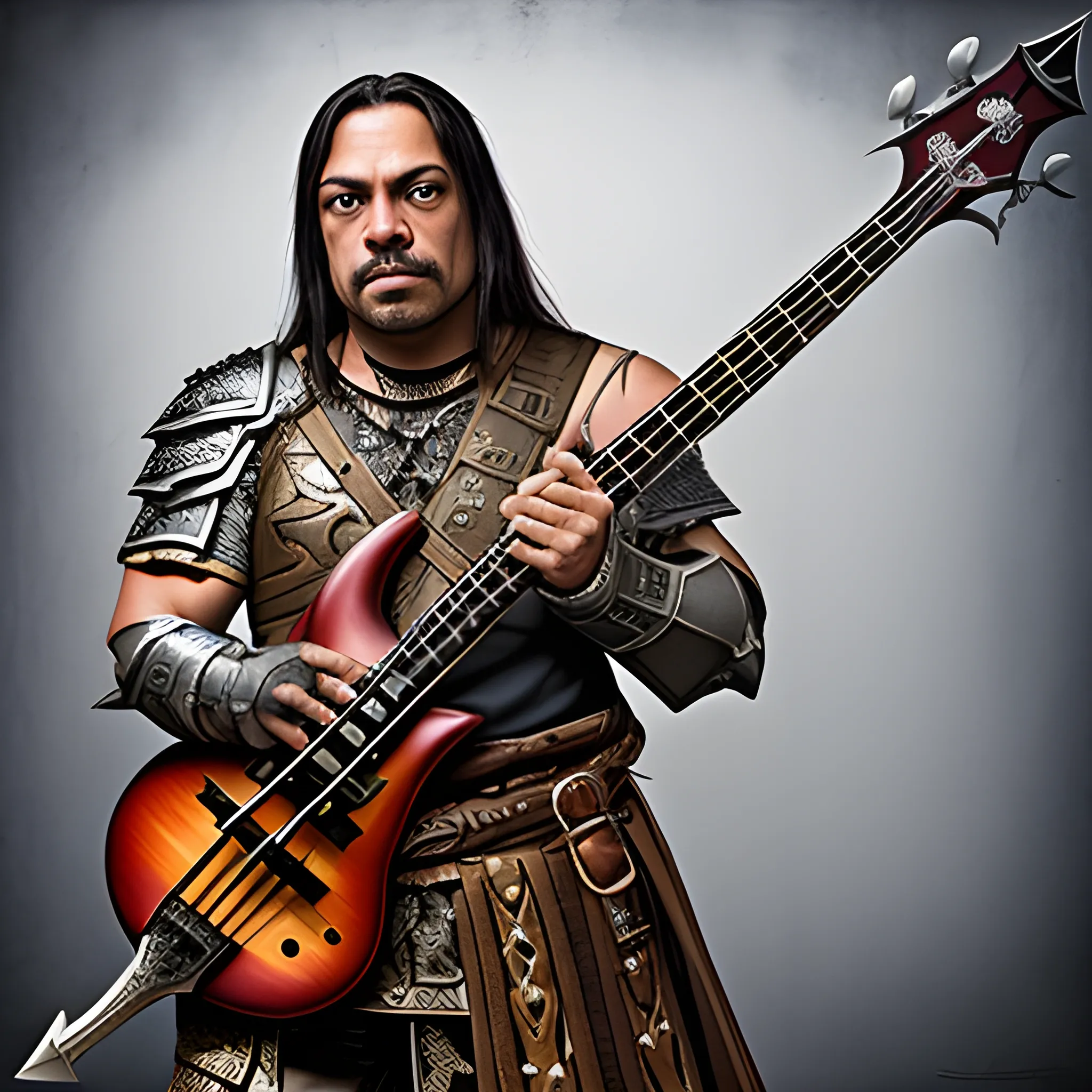 Create a DnD character inspired in robert trujillo with two one-handed massiva axes with strings as a bass guitar dressed as a paladin, bard, barbarian class character
