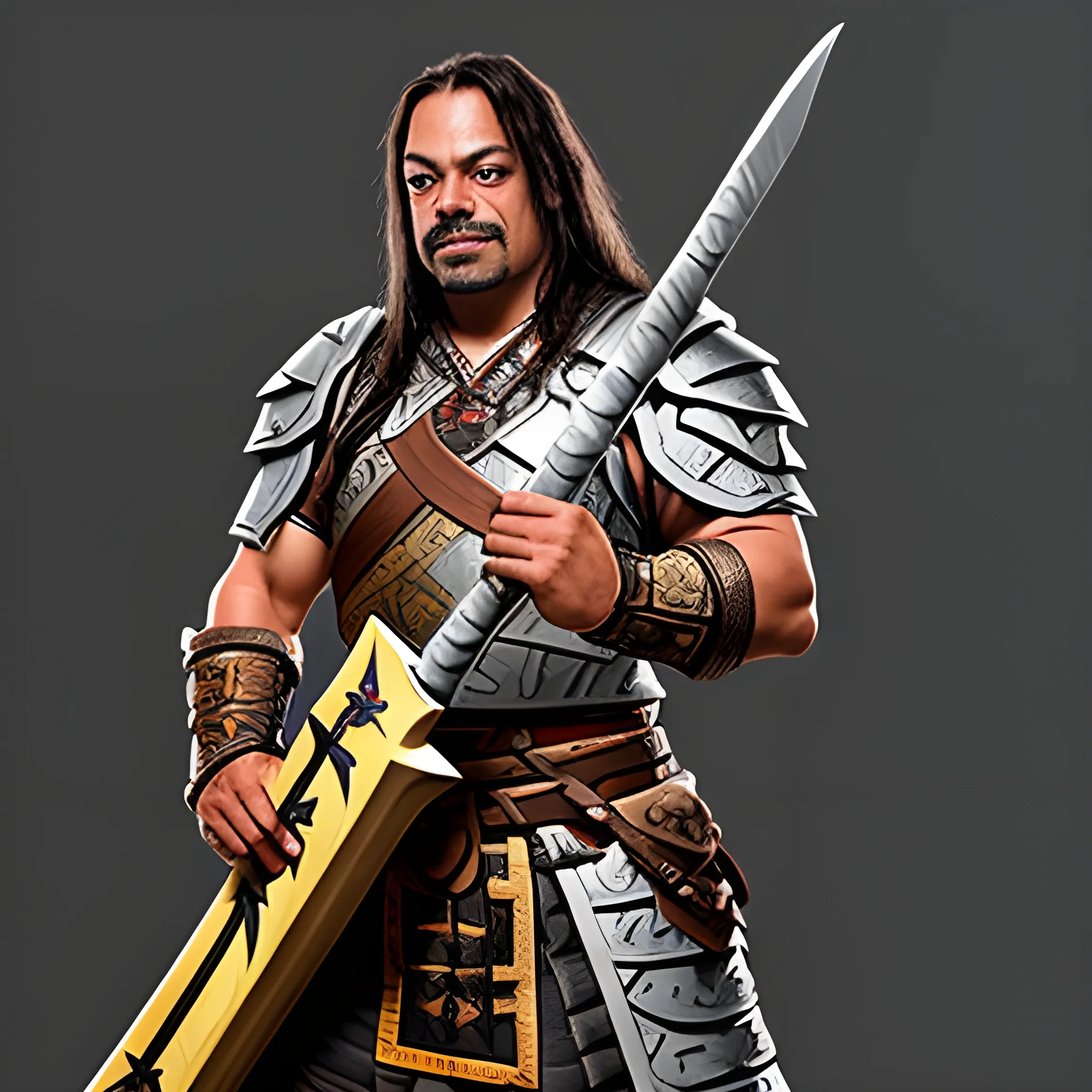 Create a DnD character inspired in robert trujillo with two one-handed massive axes dressed as a paladin, bard, barbarian class character
