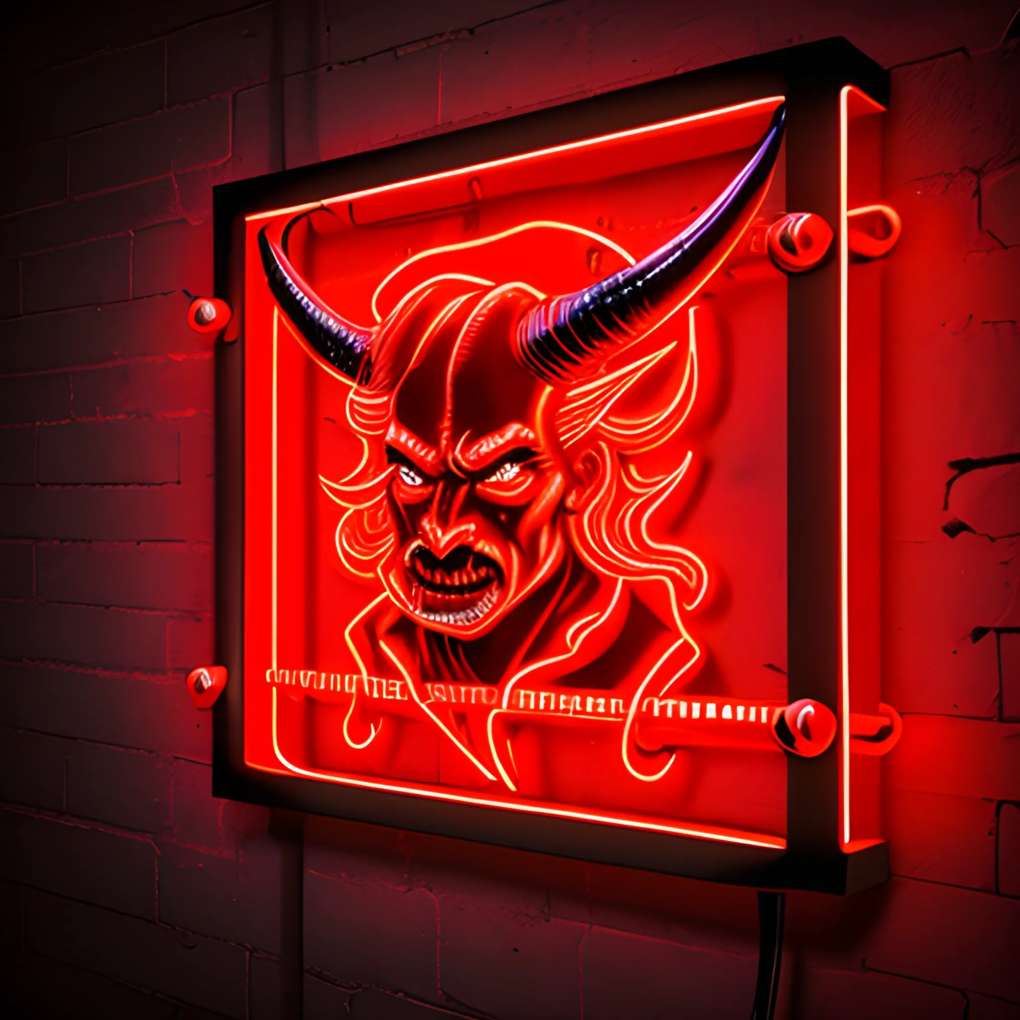 detailed devil in a red neon sign on a black wall