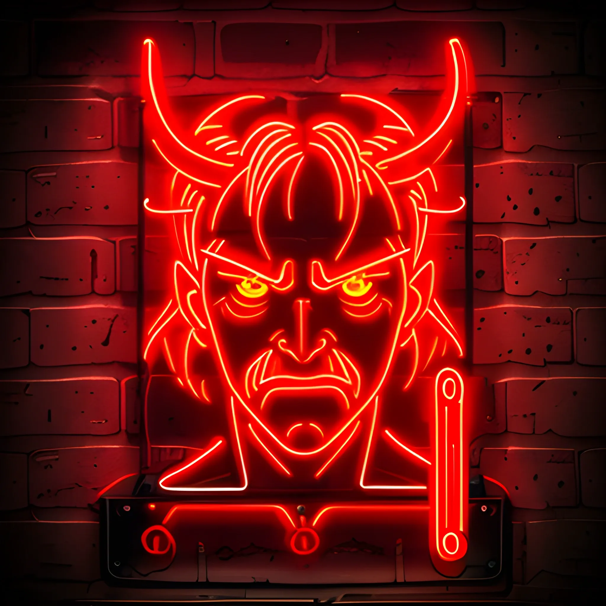 2d Detailed devil face on a red neon sign 