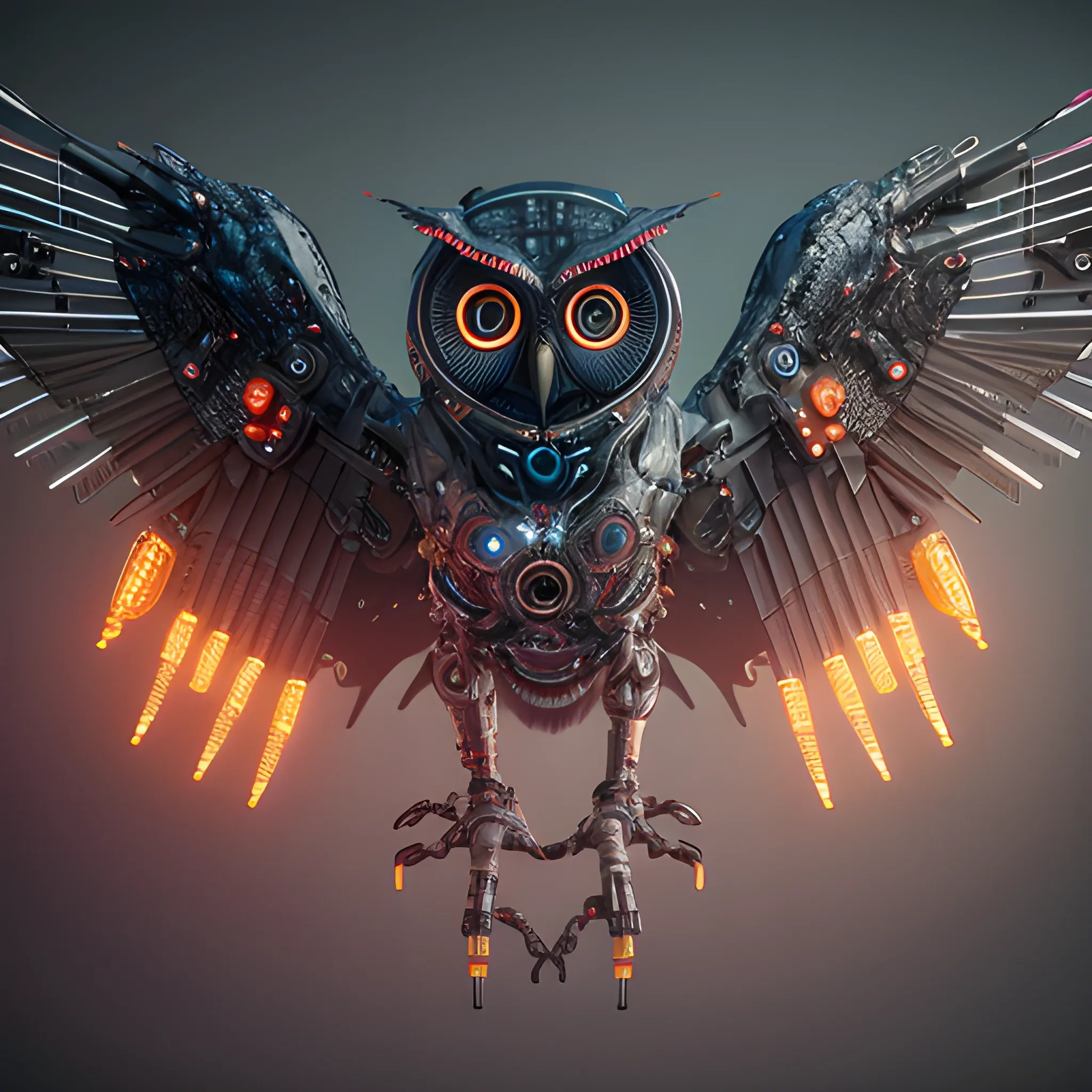 complex 3D render of a cyborg owl in the night, wings spreaded, dead-center in frame, robotic parts, microchip, ultra detailed wires and cog wheels, lace, electric cables, in a cyberpunk city, furious expression, eyes glowing, breathing smoke, vibrant, esport, epic, celestial, moody, cinematic lighting, 150 mm, lens flare, highly detailed, sharp focus, octane render, HDRI, intense, dramatic, warm colors, fiery effect, professional, IMAX, dark studio, low key, high contrast, flawless detail, award-winning, expertly crafted, detailed pupils, colour grading, post-processed, rim light, hyperrealistic, 3D