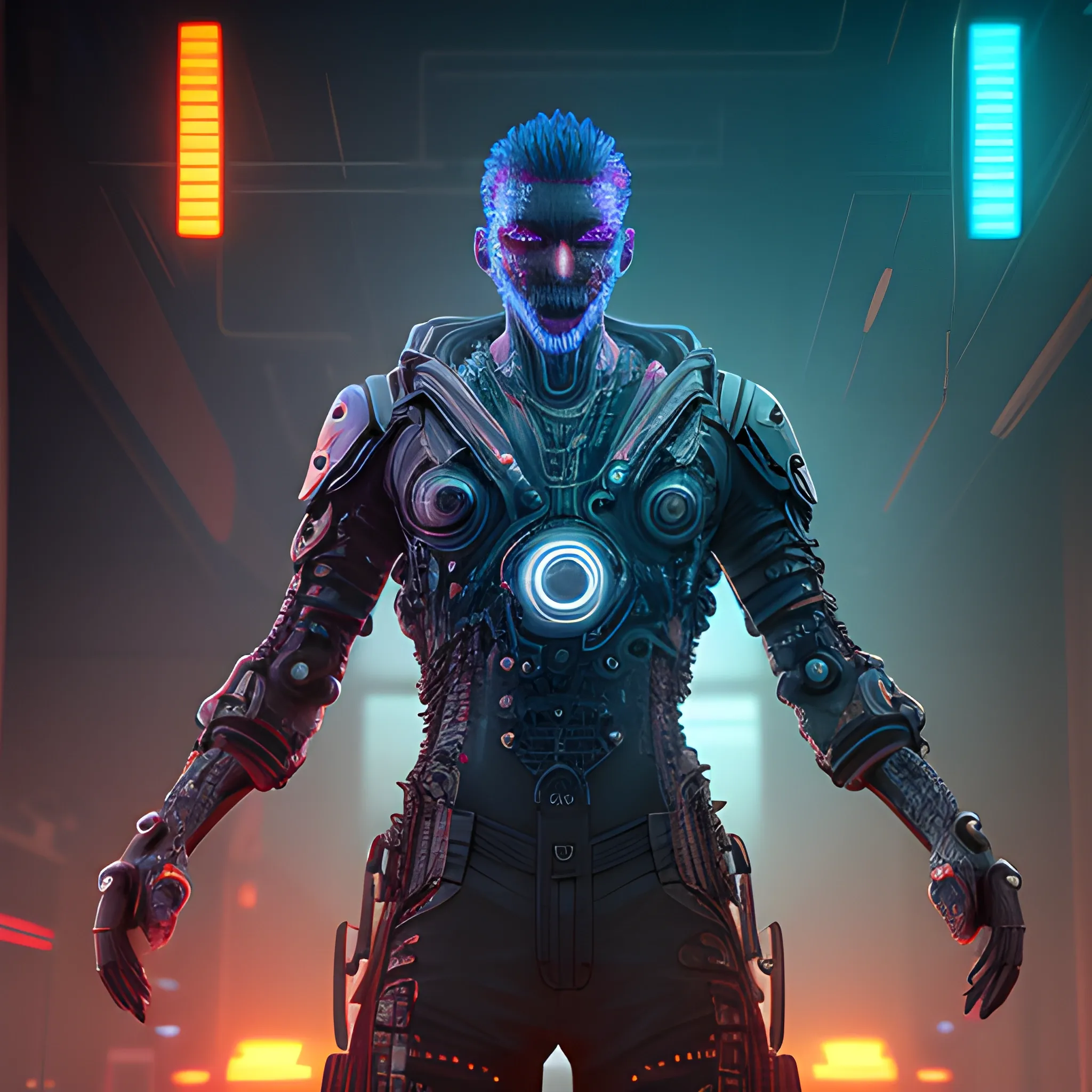 3D man in the night, dead center in frame, machined parts, microchip, super detailed wires and cogs, lace, power cables, in a cyberpunk city, angry expression, glowing eyes, smoke breathing, lifelike, esport, epic, cyan , Moody, Cinematic Lighting, 150mm, Lens Flare, Highly Detailed, Sharp Focus, Octane Rendering, HDRI, Intense, Dramatic, Warm Colors, Fiery Effect, Professional, IMAX, Studio Dark, Low Key, High Contrast, Flawless Detail Award-Winning, Expertly Rendered, Detailed Pupils, Tonal Grading, Post-Processing, Edge Light, Ultra-Realistic