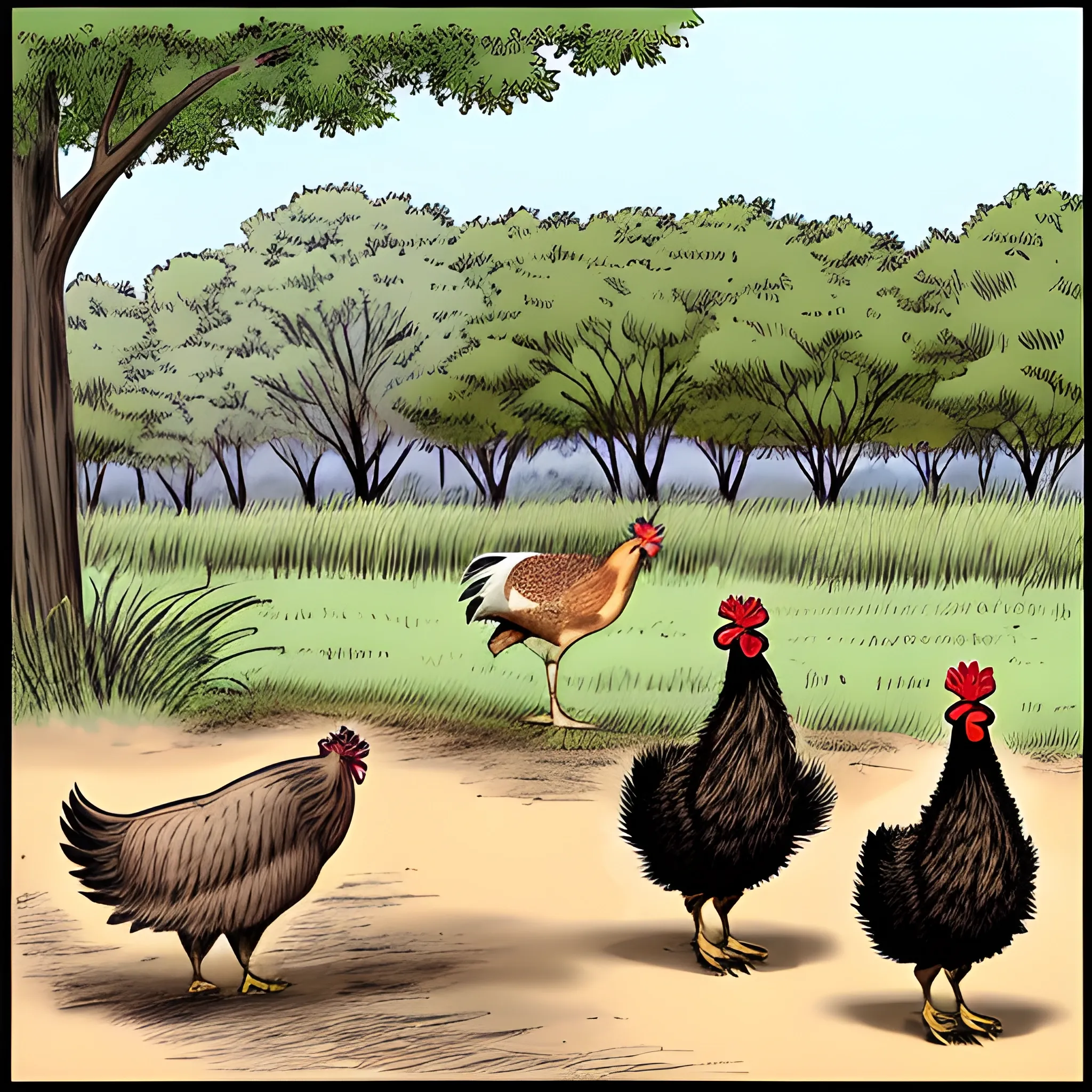 Emu's chasing a chicken and an African American Man, Cartoon