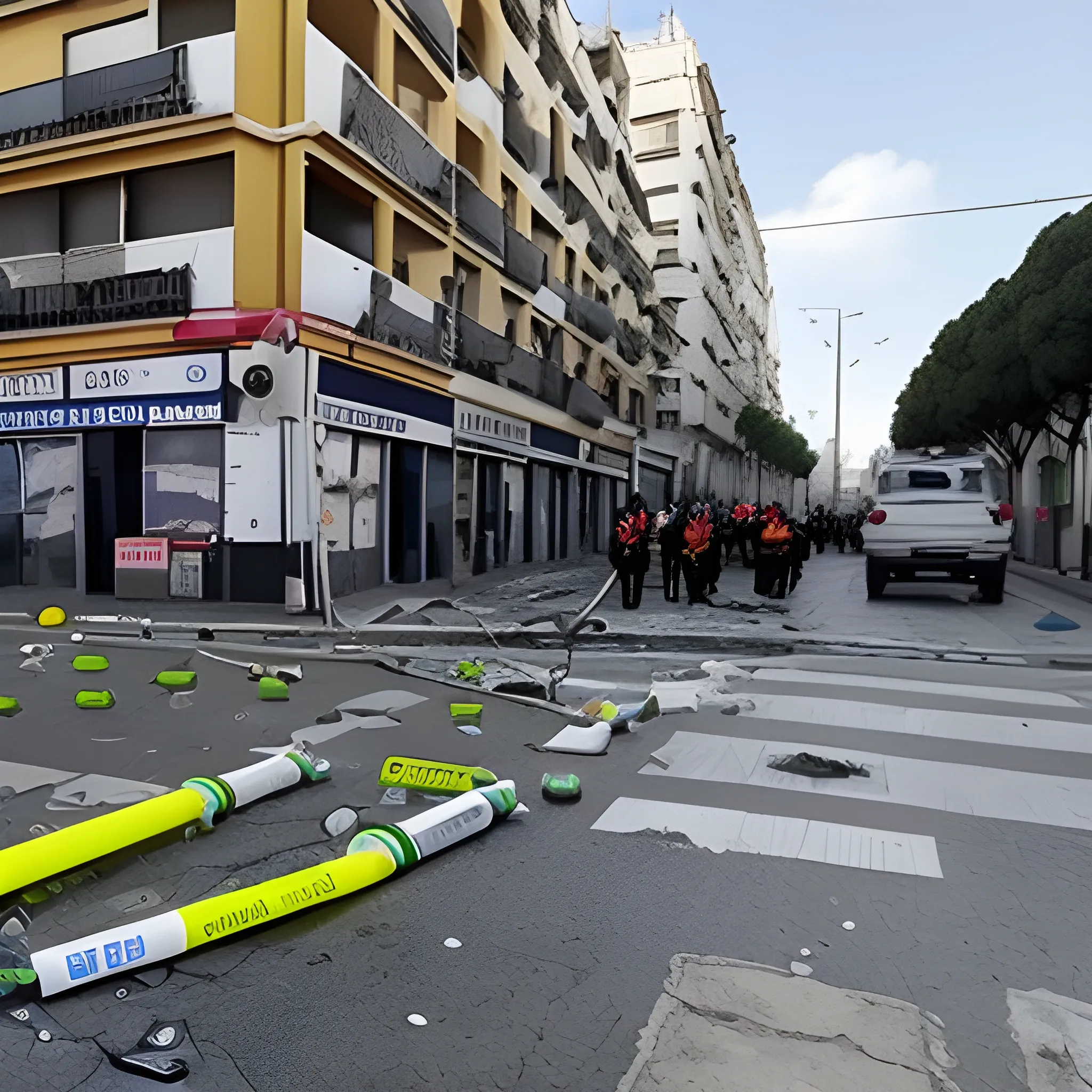 lamina de seguridad antiexplosivo, en primer plano una explosión de una bomba y una vitrina comercial resistiendo el impacto 

