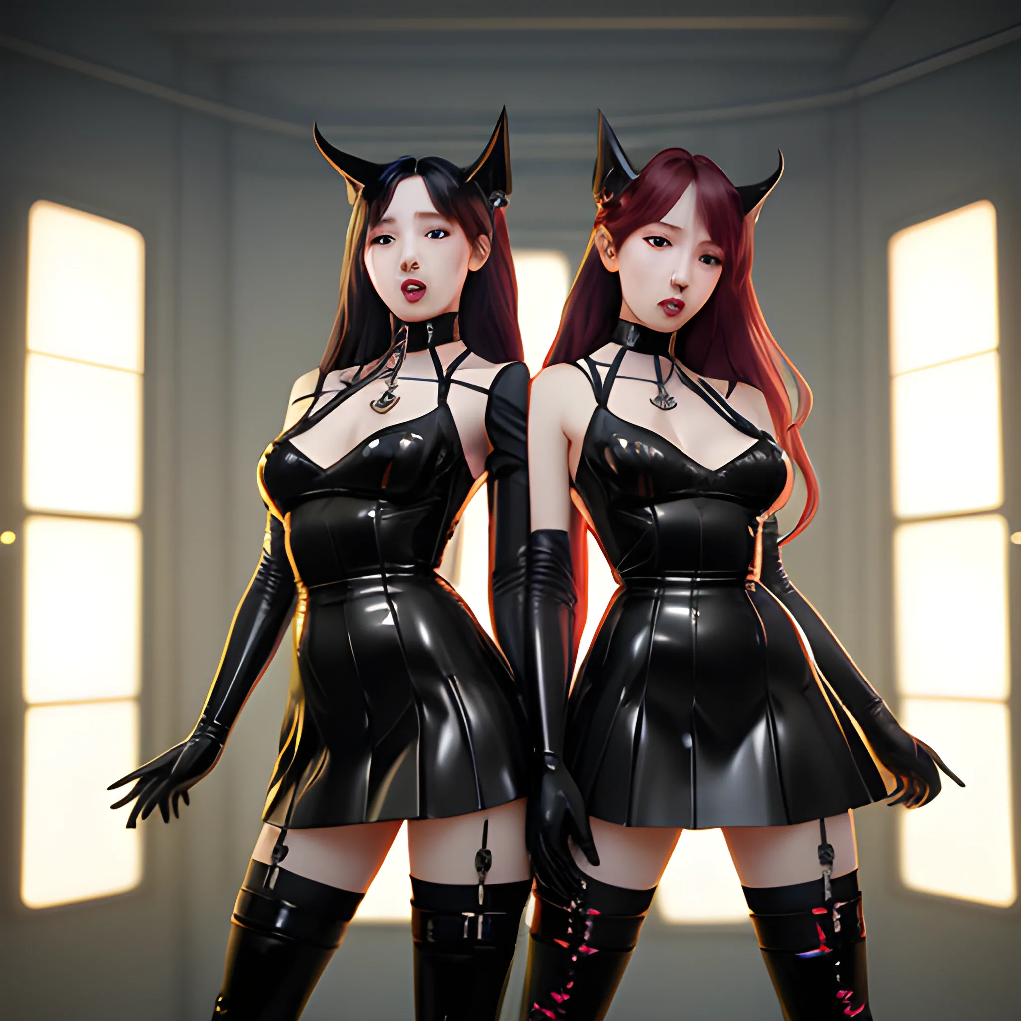 kpop female twin musicians, full figure, latex miniskirt, black stockings, choker, long hair, classy, boots, realistic face, open mouth, singing, warm colors, red stage illumination, sinister by Greg Rutkowski Artgerm, WLOP, Alphonse Mucha dynamic lighting hyperdetailed intricately detailed Splash art trending on Artstation triadic colors Unreal Engine 5 volumetric lighting", hyper realistic, intricate detail