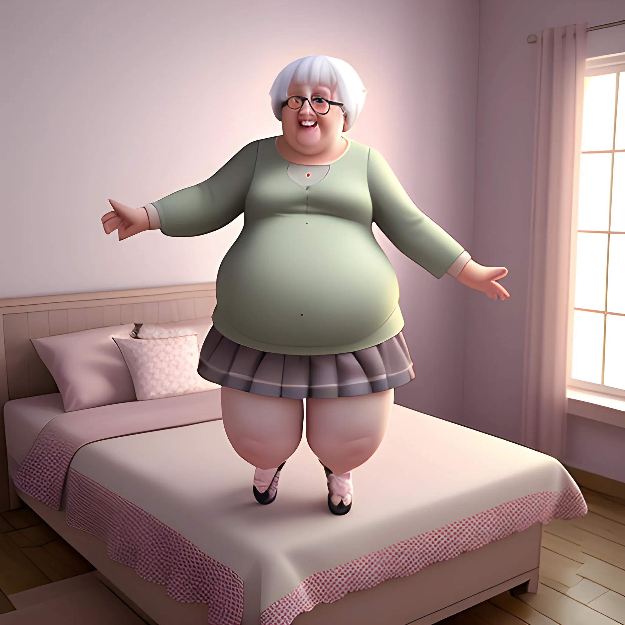 fat grandma, jumping on bed, short Voile miniskirt, muted colors,  , 3D