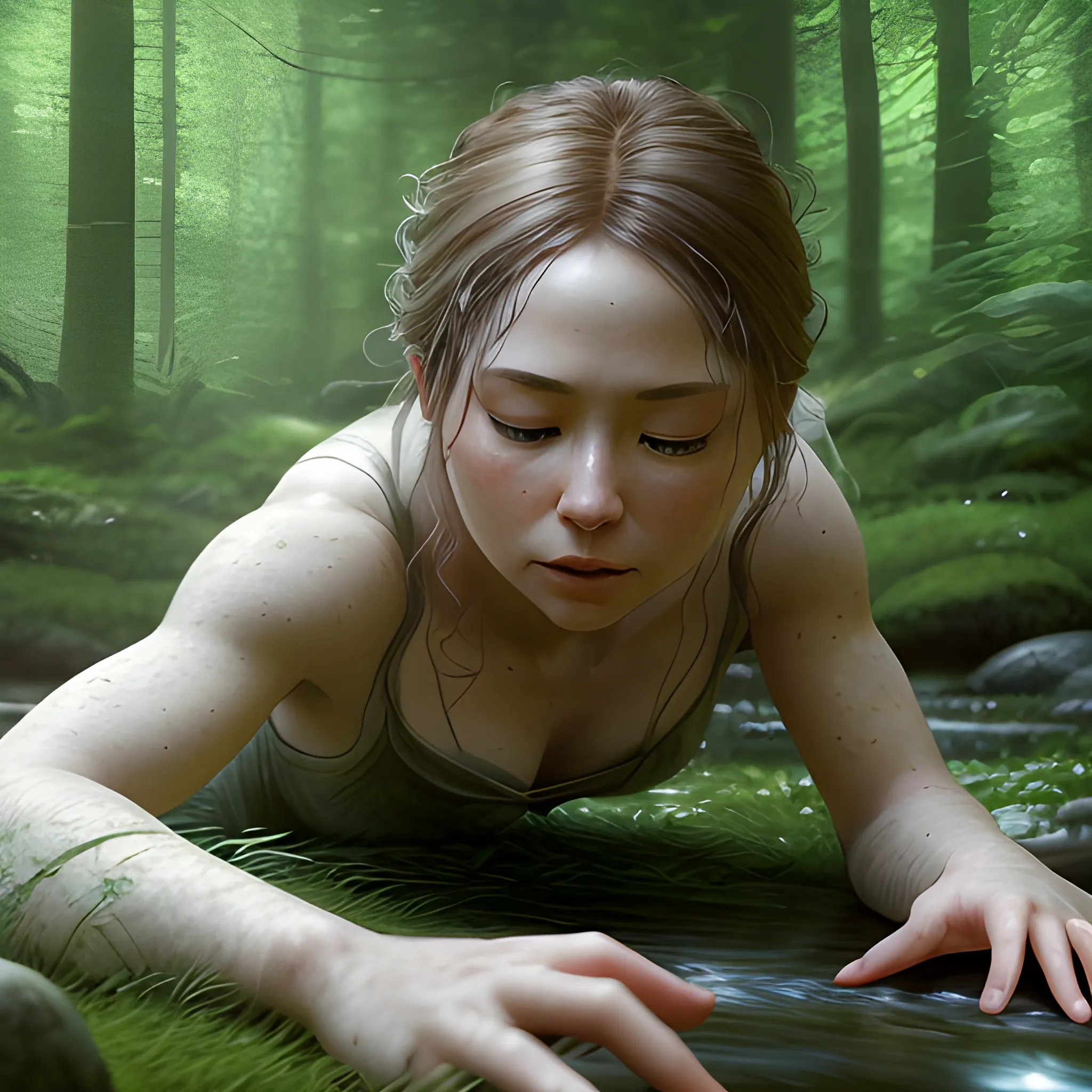 Capture a mesmerizing photorealistic image that transports viewers to a serene woodland setting, where a woman embarks on a captivating journey. The image should be composed from a perspective behind the woman, showcasing her crawling on the ground, immersed in the tranquility of the natural surroundings. cinematic composition, extreme detail, metahuman creator, (best quality:1.4), ((masterpiece)), ((realistic)), (detailed)