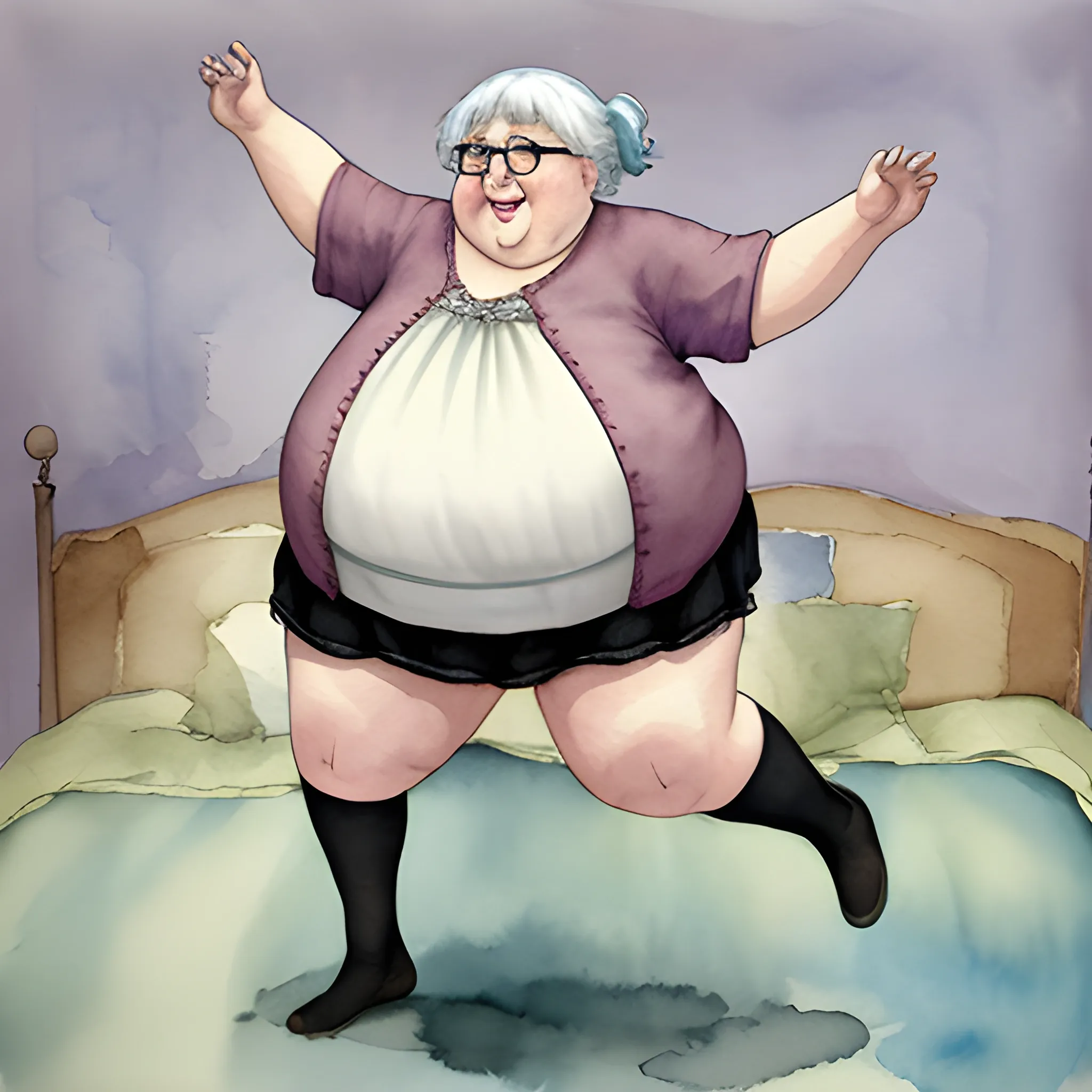 fat grandma, jumping on bed, short Voile miniskirt, muted colors, , Water Color