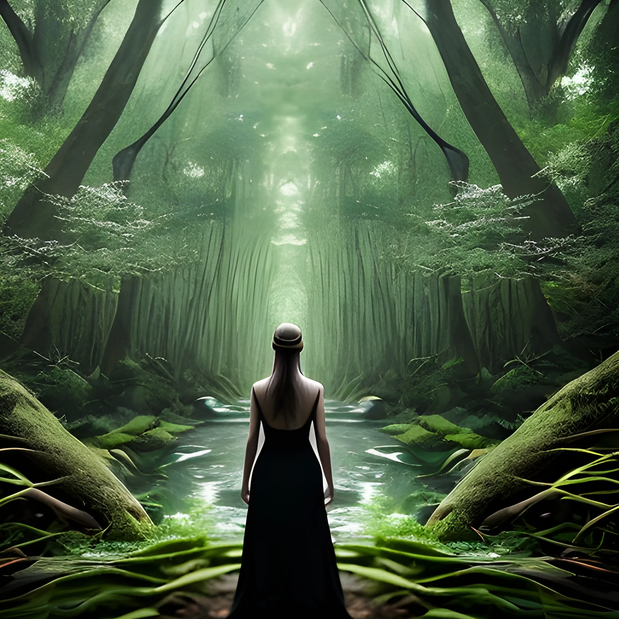 Take a captivating real-life photo and take the audience to a peaceful forest where a beautiful woman embarks on a captivating journey. The image should be composed from the perspective of a woman's front, showing her facing away and immersed in the tranquility of the natural environment. Film composition, extreme details, metahuman creator, (best quality: 1.4), (masterpiece), (realistic), (detailed)