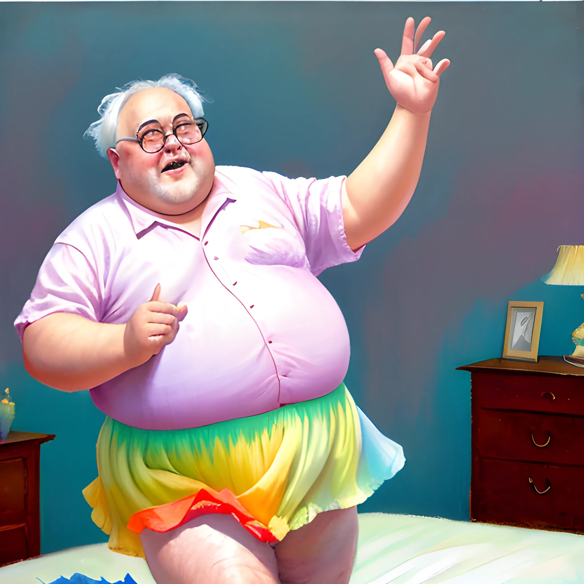 fat grandpa, jumping on bed, short rainbow coloured Voile miniskirt, muted colors, , , Oil Painting