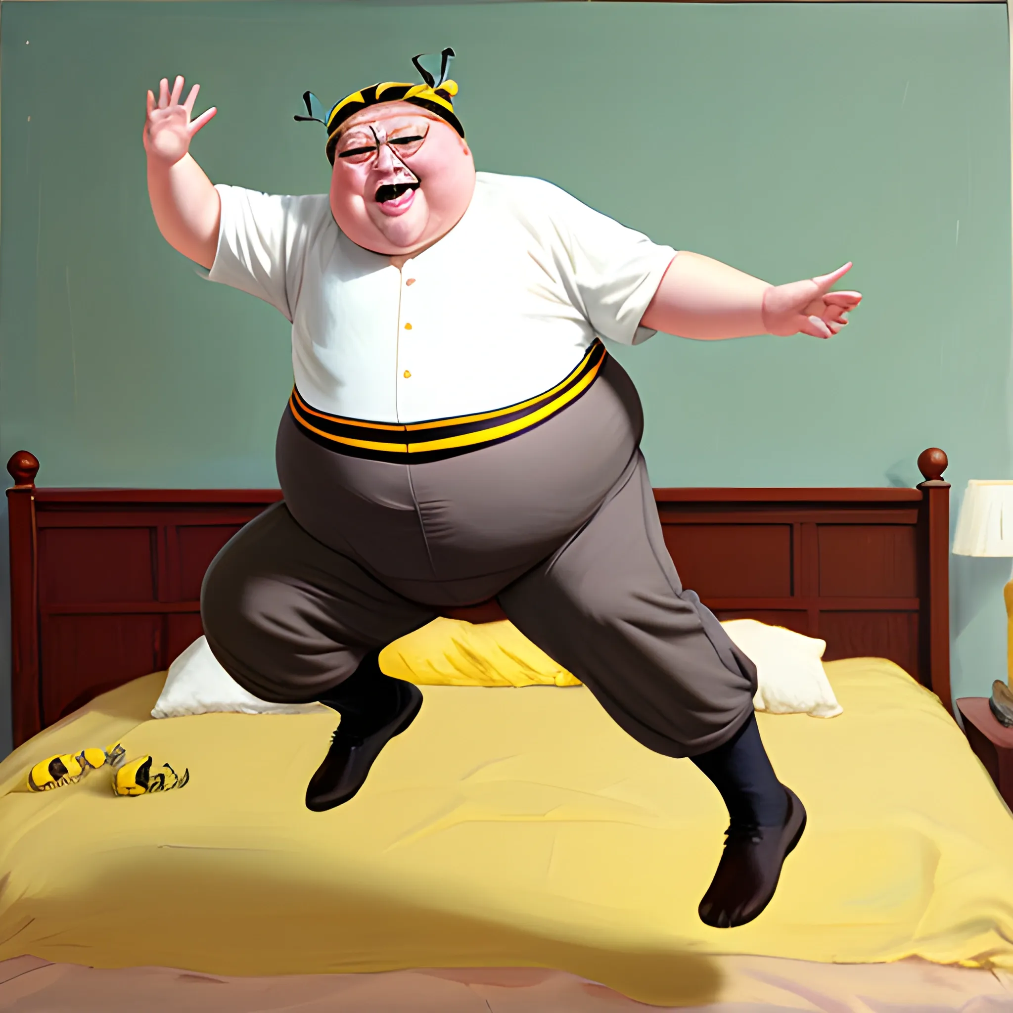 fat grandpa, jumping on bed, bee costume, muted colors, Oil Painting