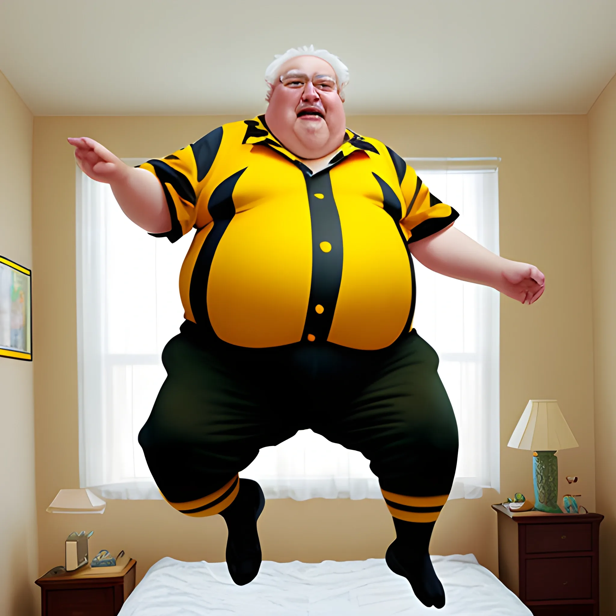 fat grandpa, jumping on bed, bumblebee costume, muted colors, Oil Painting