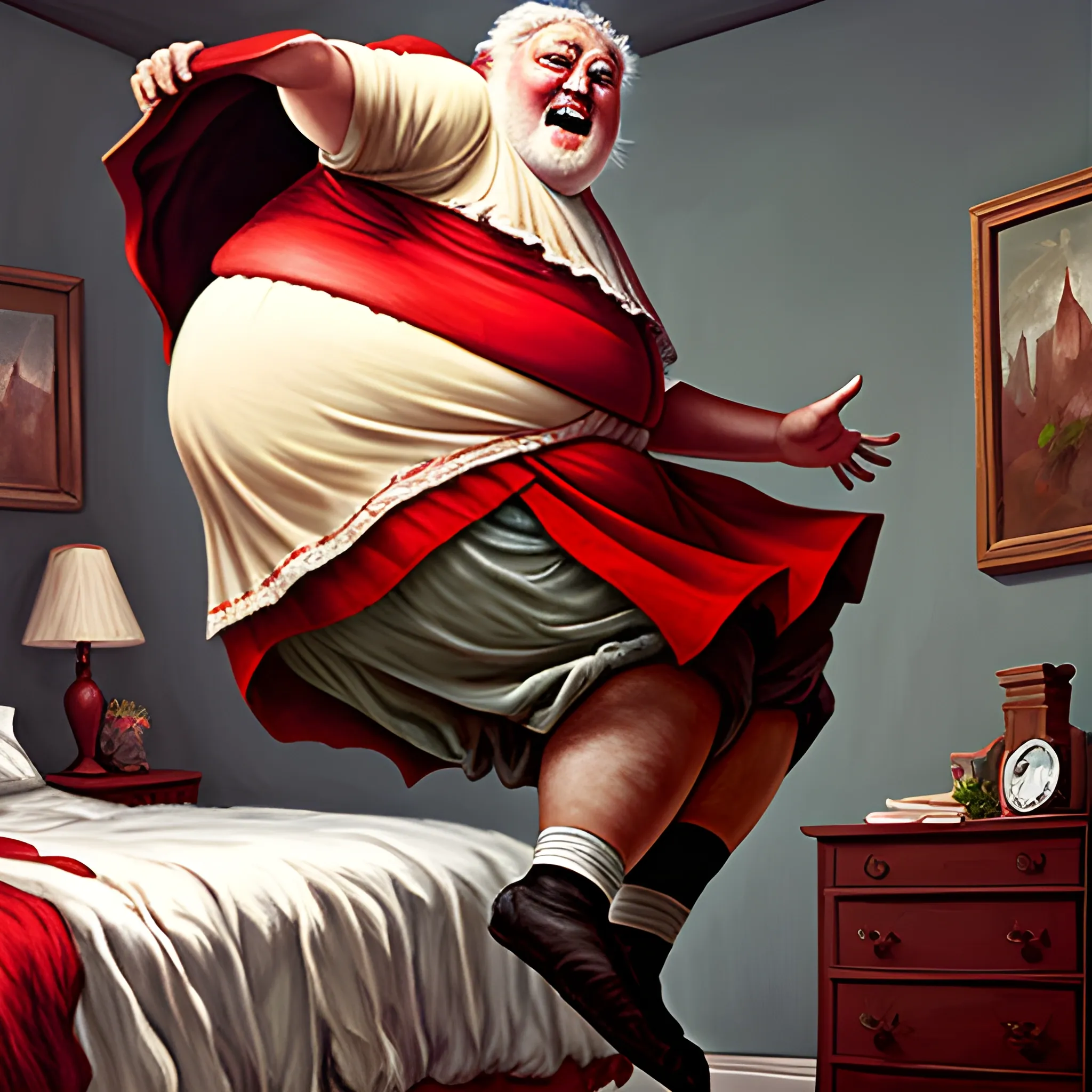 fat grandpa, jumping on bed, red riding Hood , muted colors, Oil Painting