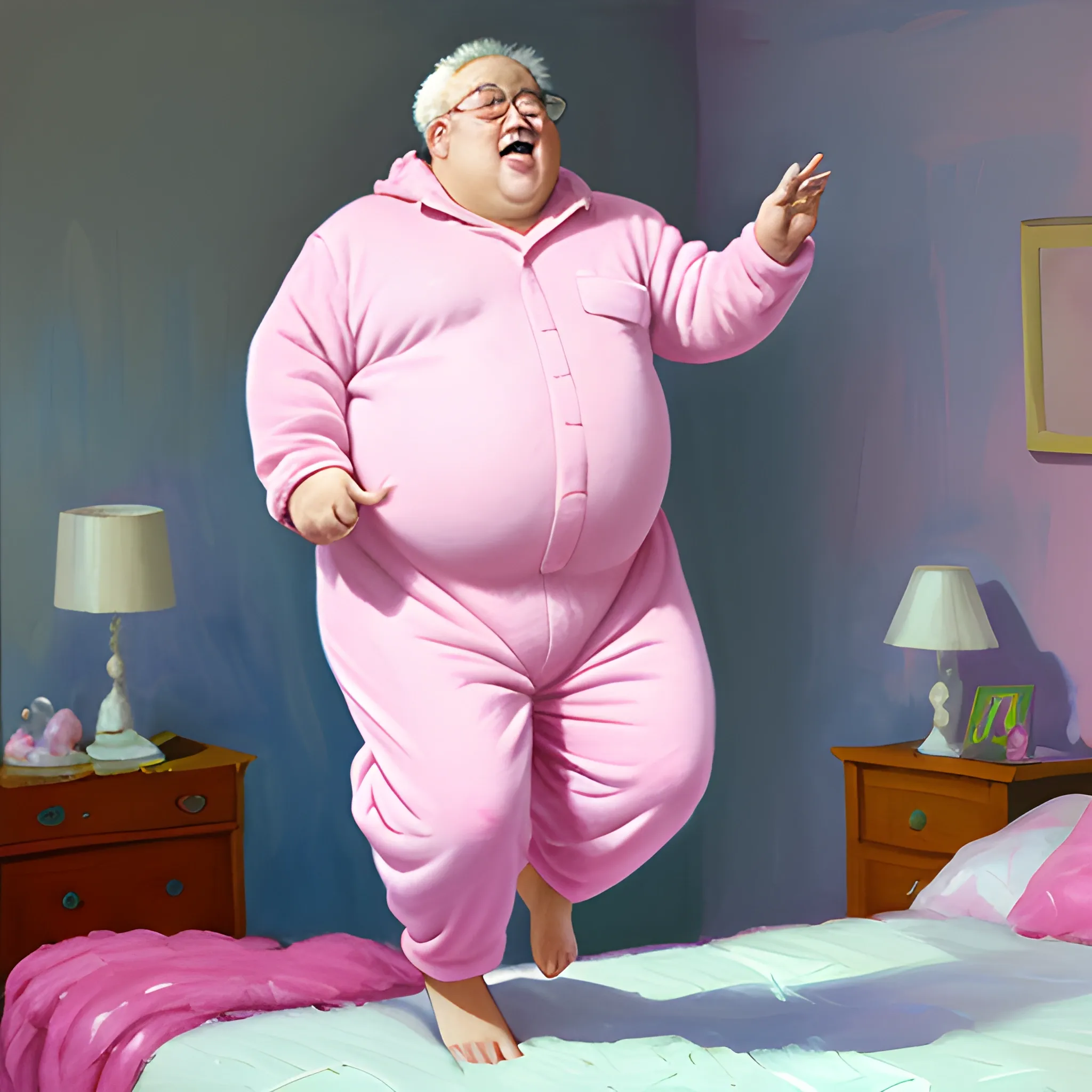 fat grandpa, jumping on bed, pink onesie , muted colors, Oil Painting