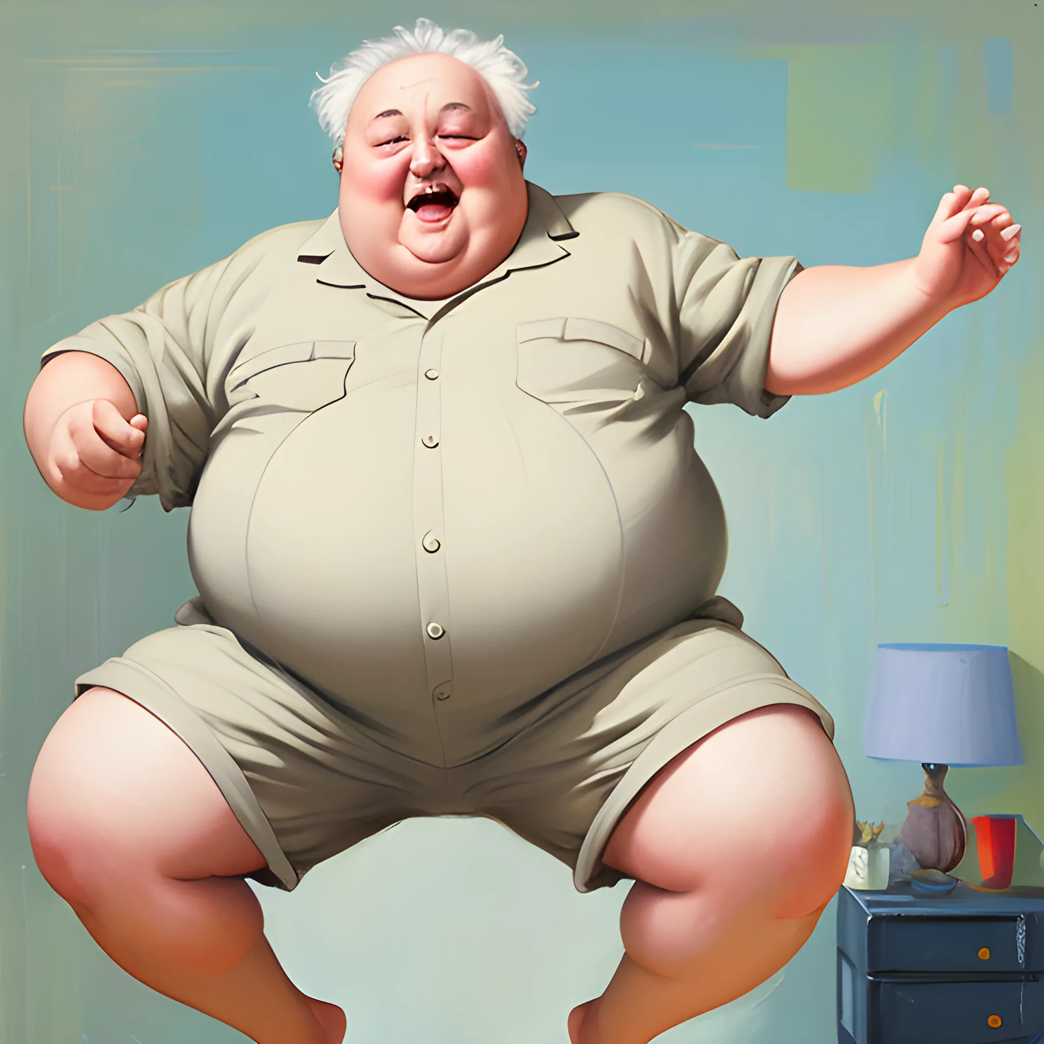 fat grandpa, jumping on bed, romper suit, muted colors, Oil Painting