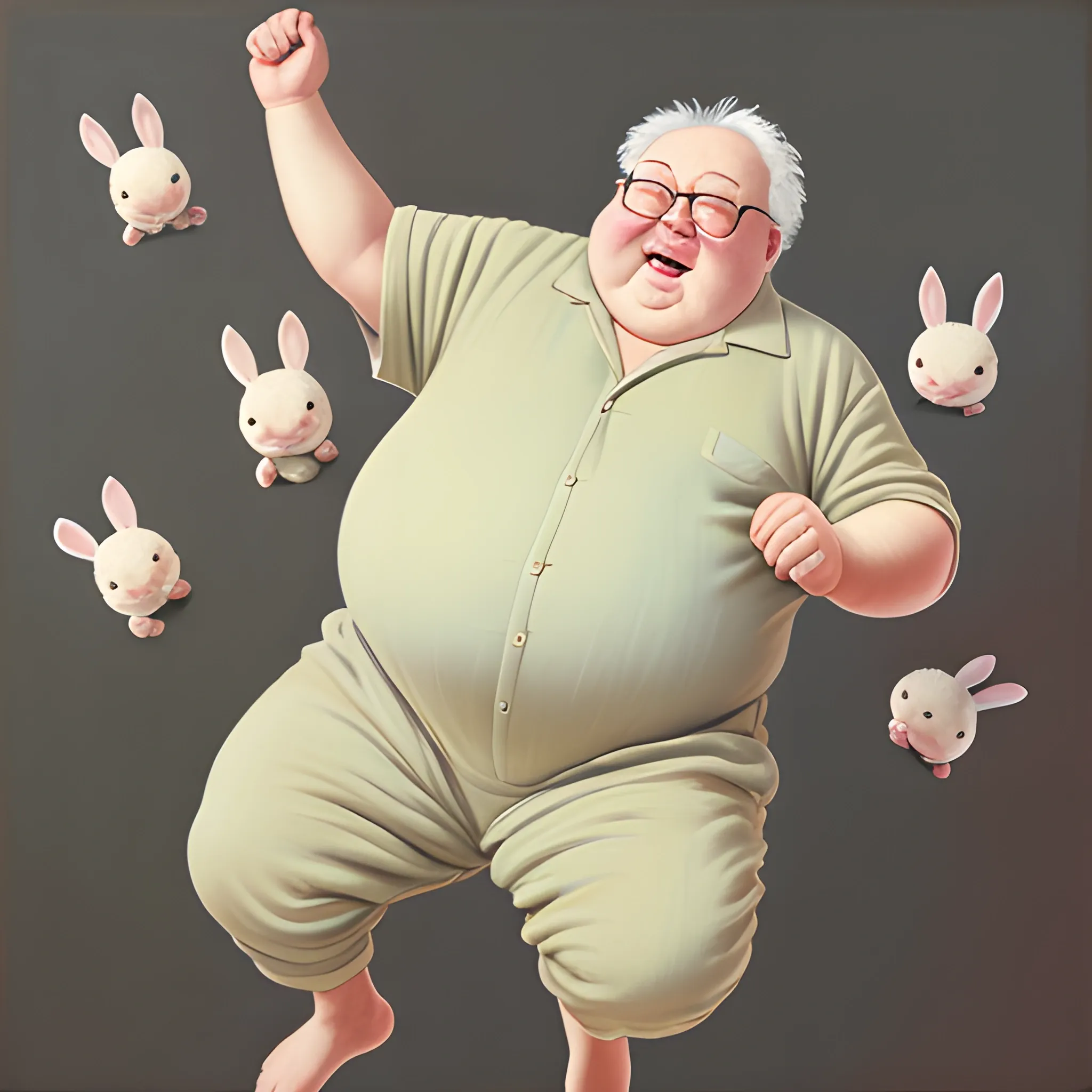 Fat Grandpa Jumping On Bed Romper Suit With Bunnies Muted Colors Fat Grandpa Jumping On Bed Romper Suit With Bunnies Muted Colors