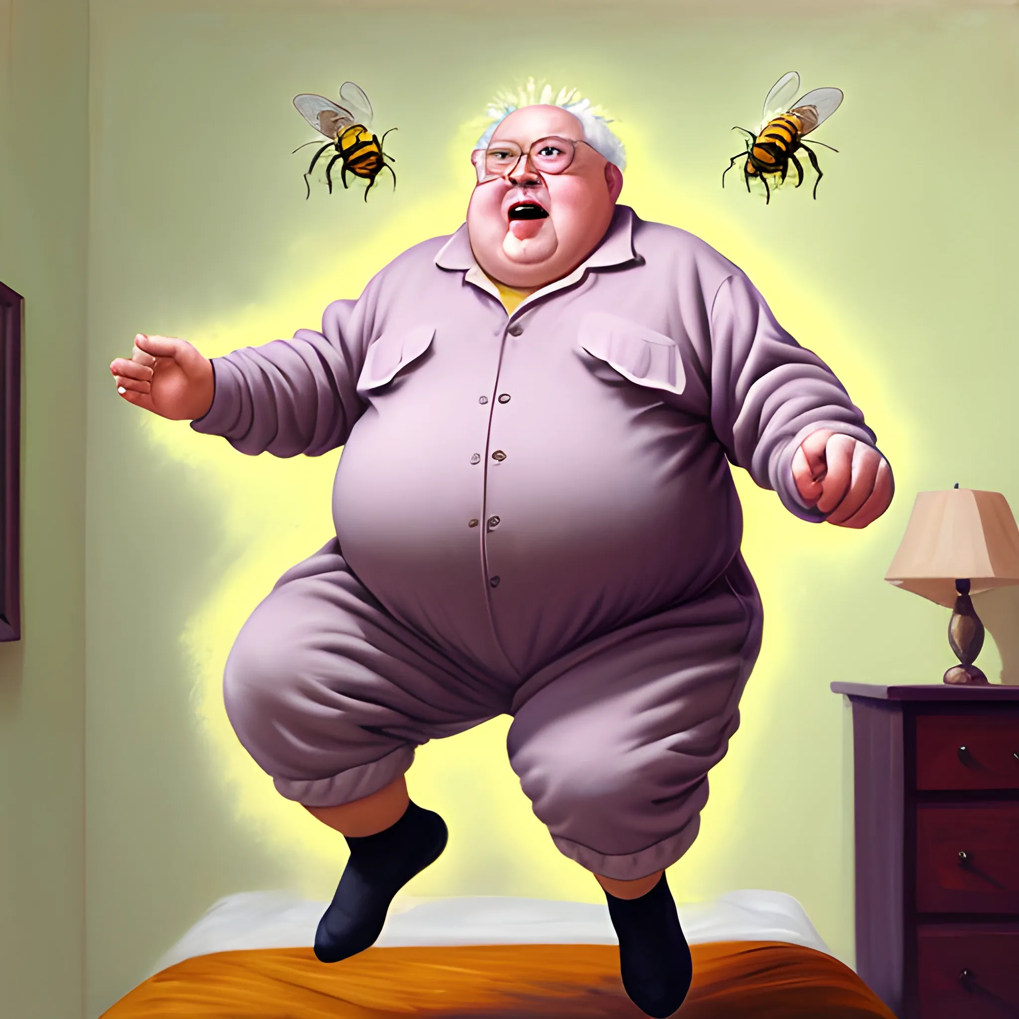 fat grandpa, jumping on bed, romper suit with bees, muted colors, Oil Painting