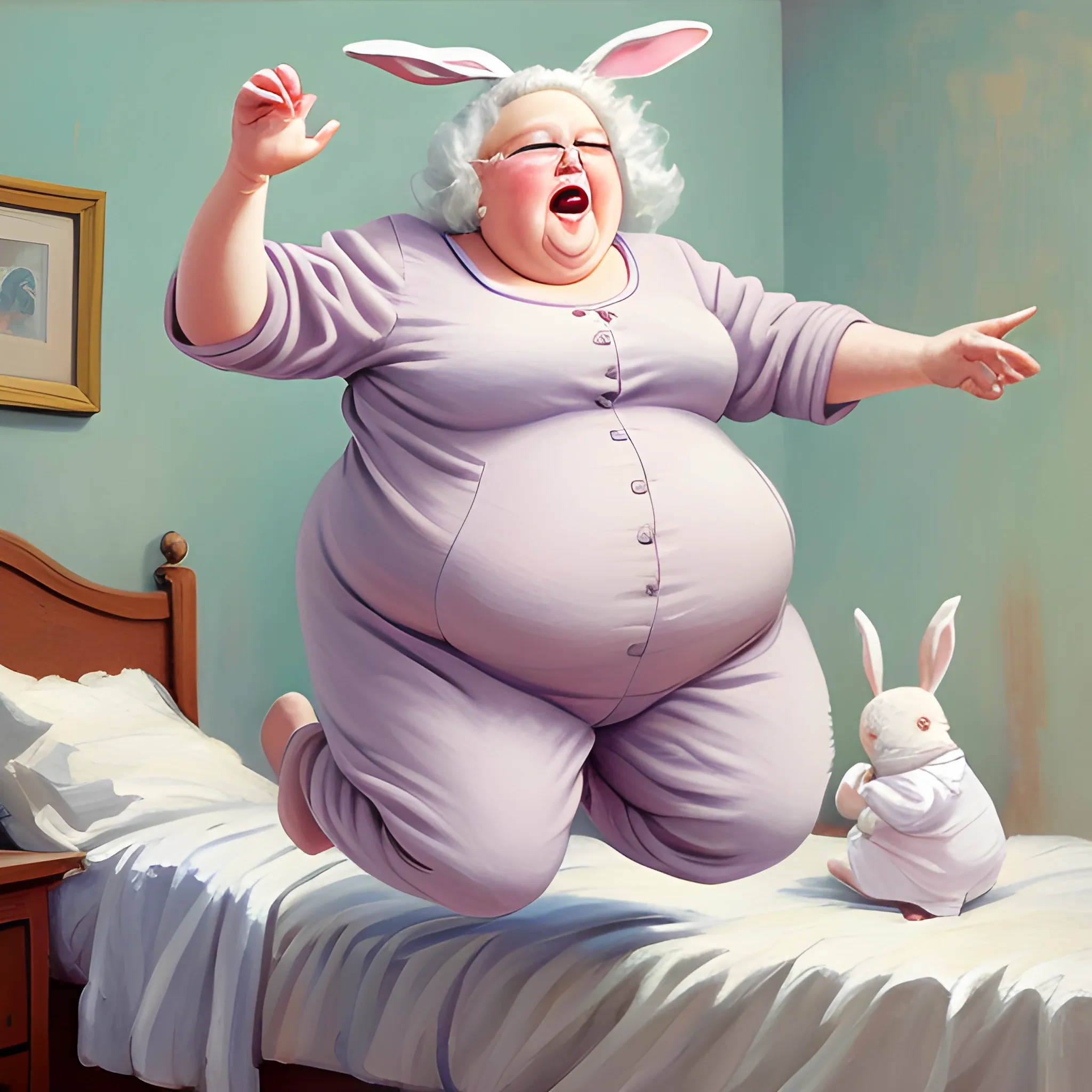fat grandma, jumping on bed, romper suit with bunnies muted colors, Oil Painting
