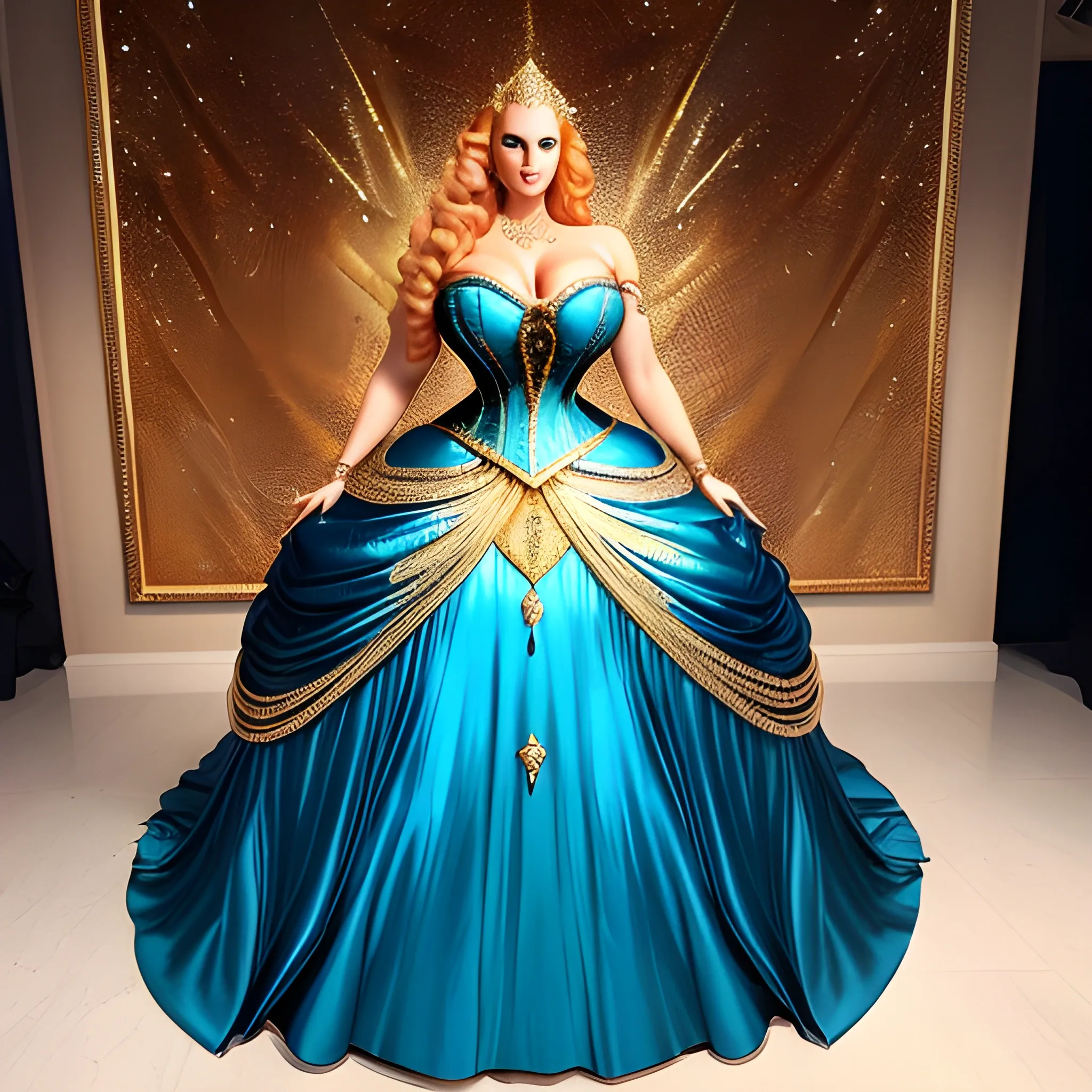 A stunningly beautiful young rich princess with gigantic breasts in a majestic spectacular avantgarde corset and dress outfit. (Full body portrait), gold jewelry and diamond chains. Red white gold. Very long shiny golden blonde hair down to her feet. Pretty face, sparkling blue eyes. Instagram trending. 